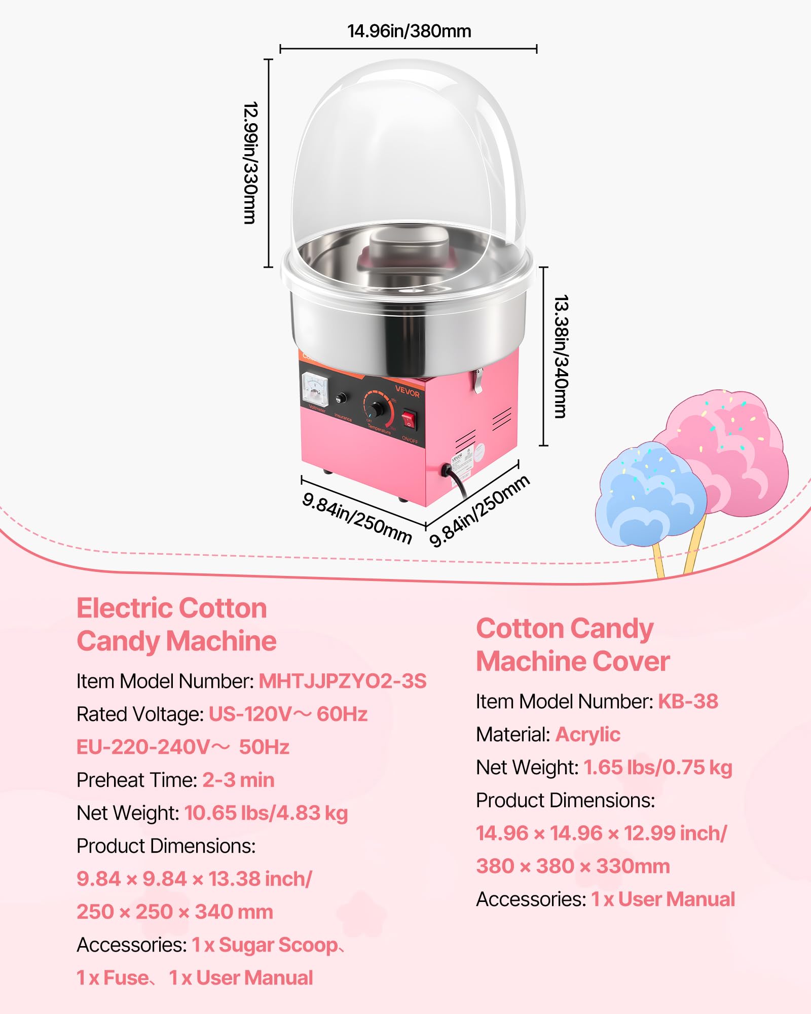 VEVOR Máquina Eléctrica de Algodón de Azúcar 1000 W, Máquina para Hacer Algodón de Azúcar con Tapa, Recipiente de Acero Inoxidable y Cuchara para Azúcar, para Carnavales, Cumpleaños, Fiestas, Rosa
