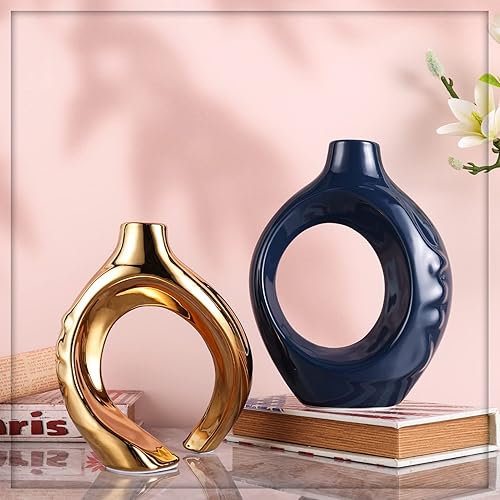 Miniatura 3 de Navy Blue Home Decor Ceramic Vase, Navy Blue Gold Round Vase with Holes Set of 2, Suitable for Wedding Entrance Decoration, Bookshelf, Mantel,