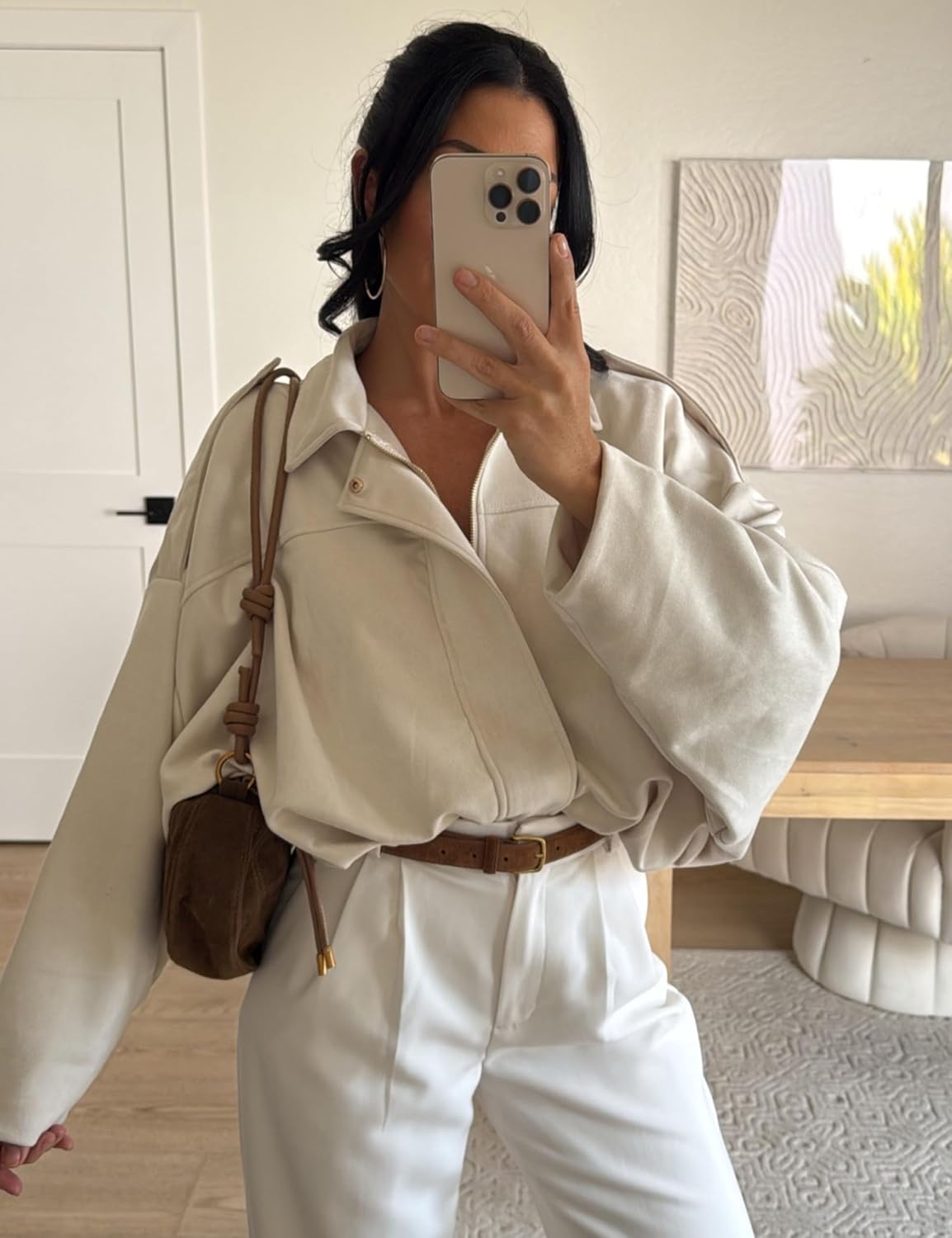 Women's Oversized Faux Suede Bomber Jackets Batwing Sleeves Pleated Zipper Casual Coats Streetwear