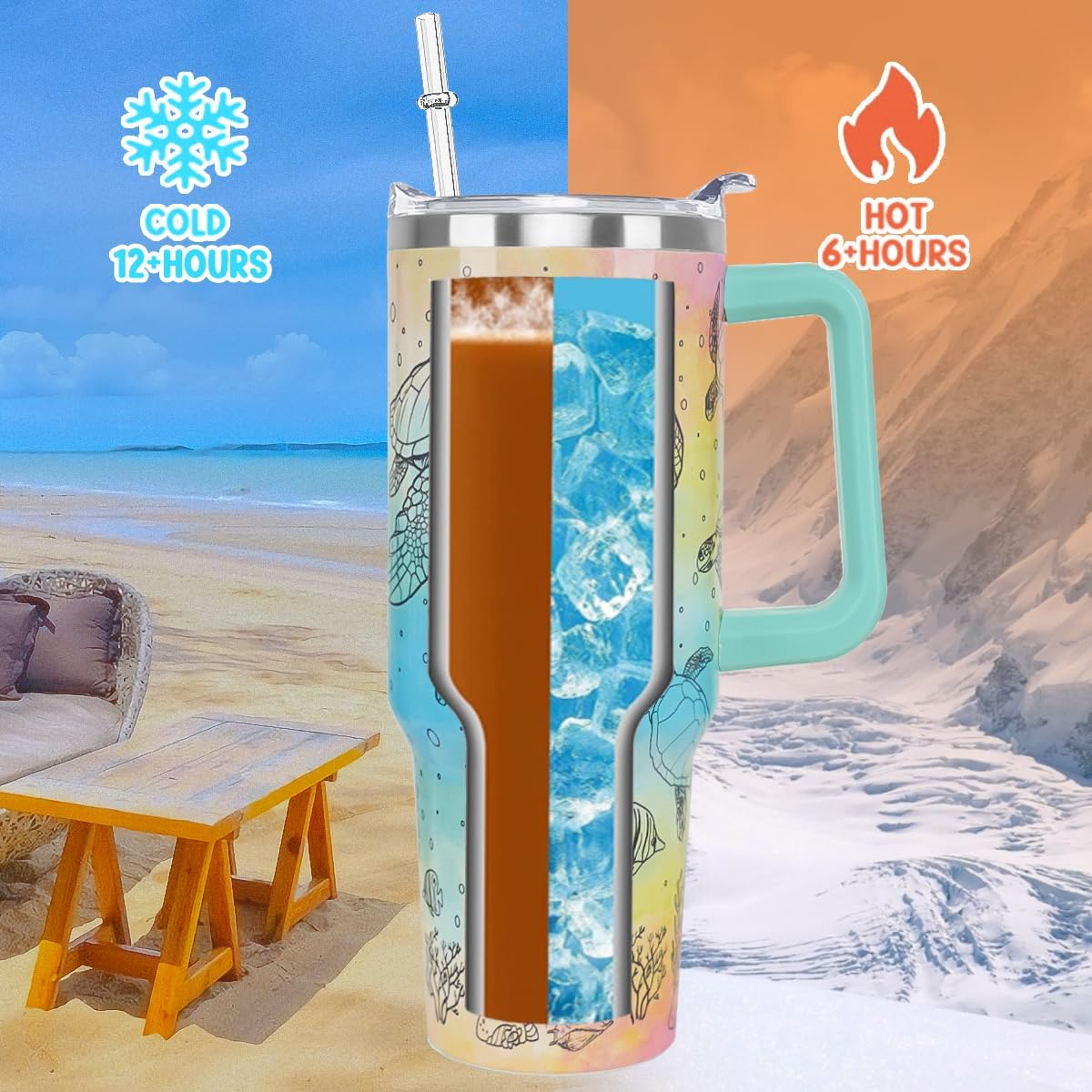 Sea Turtle Tumbler Summer Watercolor Ocean Tumbler 40 oz Turtles Gifts for Women Ocean Cups Coffee Travel Mug with Handle Leak Proof Insulated Turtle Lovers Decor Stuff - Image 6