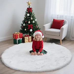 White Fluffy Round Area Rugs for Bedroom,5'X5'Shag Circle Area Rugs for Girls Room,Non Slip Fuzzy Plush Rug for Kids Room Living Room and Dorm Home Decor Rug