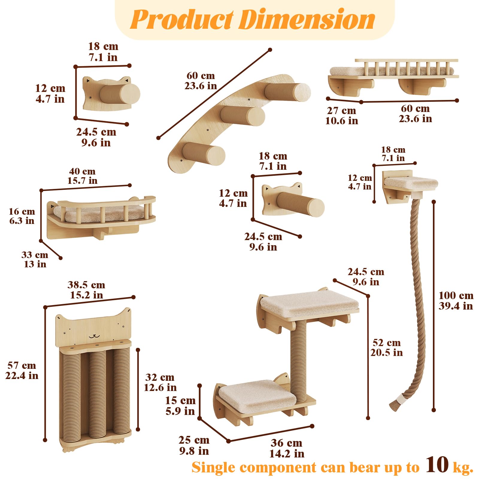 BYBYME Ensemble Mural d'escalade pour Chat en Bois Naturel, 8 pièces Robustes avec griffoirs, Plate-Forme pour Chaton, Corde en sisal de 100 cm et lit pour Dormir, Jouer et se détendre (Bois Naturel