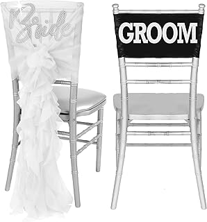Bride and Groom Chair Signs - Set of 2: Rhinestone Glam Bride White Organza Chair Cap with Sash Ruffle & Groom Black Spandex Band - Rehearsal Dinner, Engagement Party Decorations (GlmCap/BND)