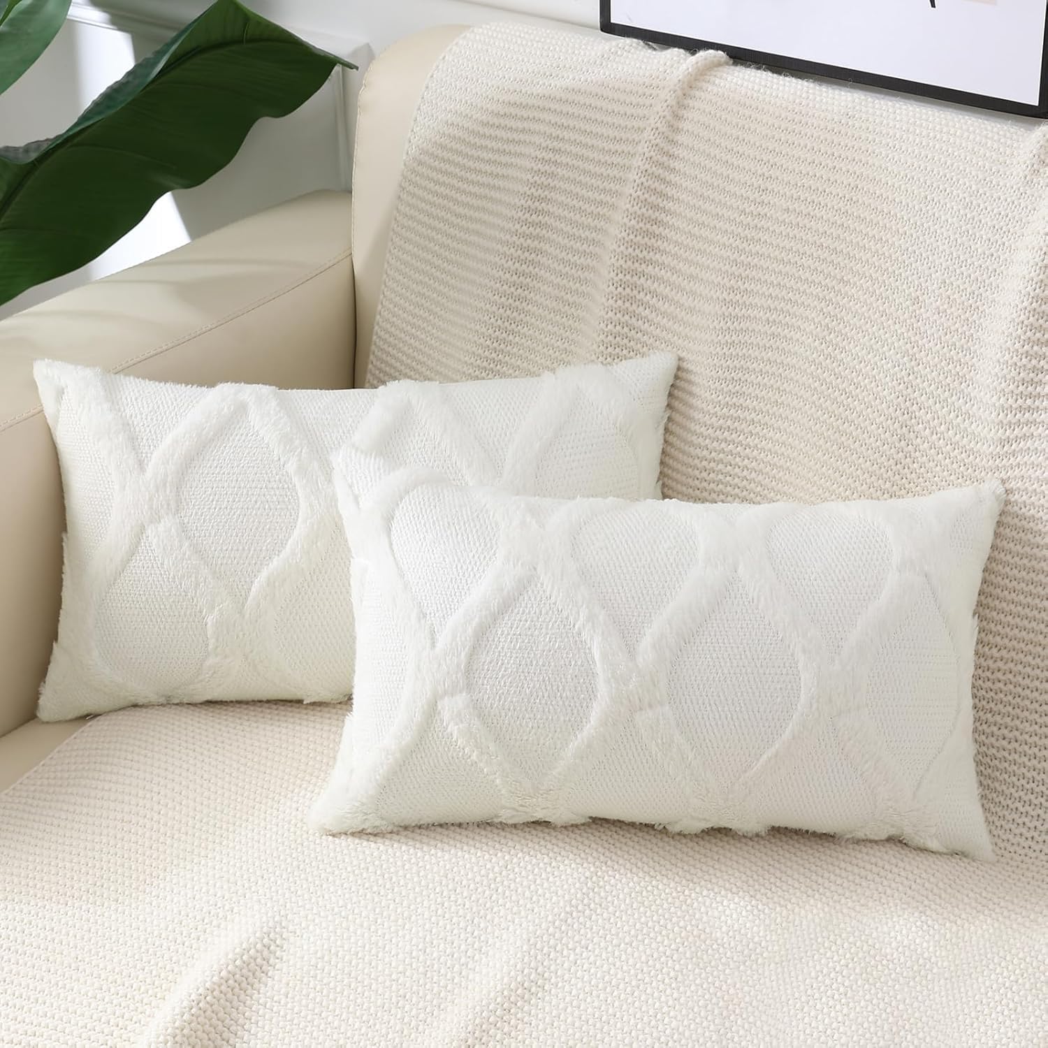 decorUhome Spring Throw Pillow Covers 12x20 Inch Set of 2 Soft Plush Faux Fur Wool Lumbar Cream White