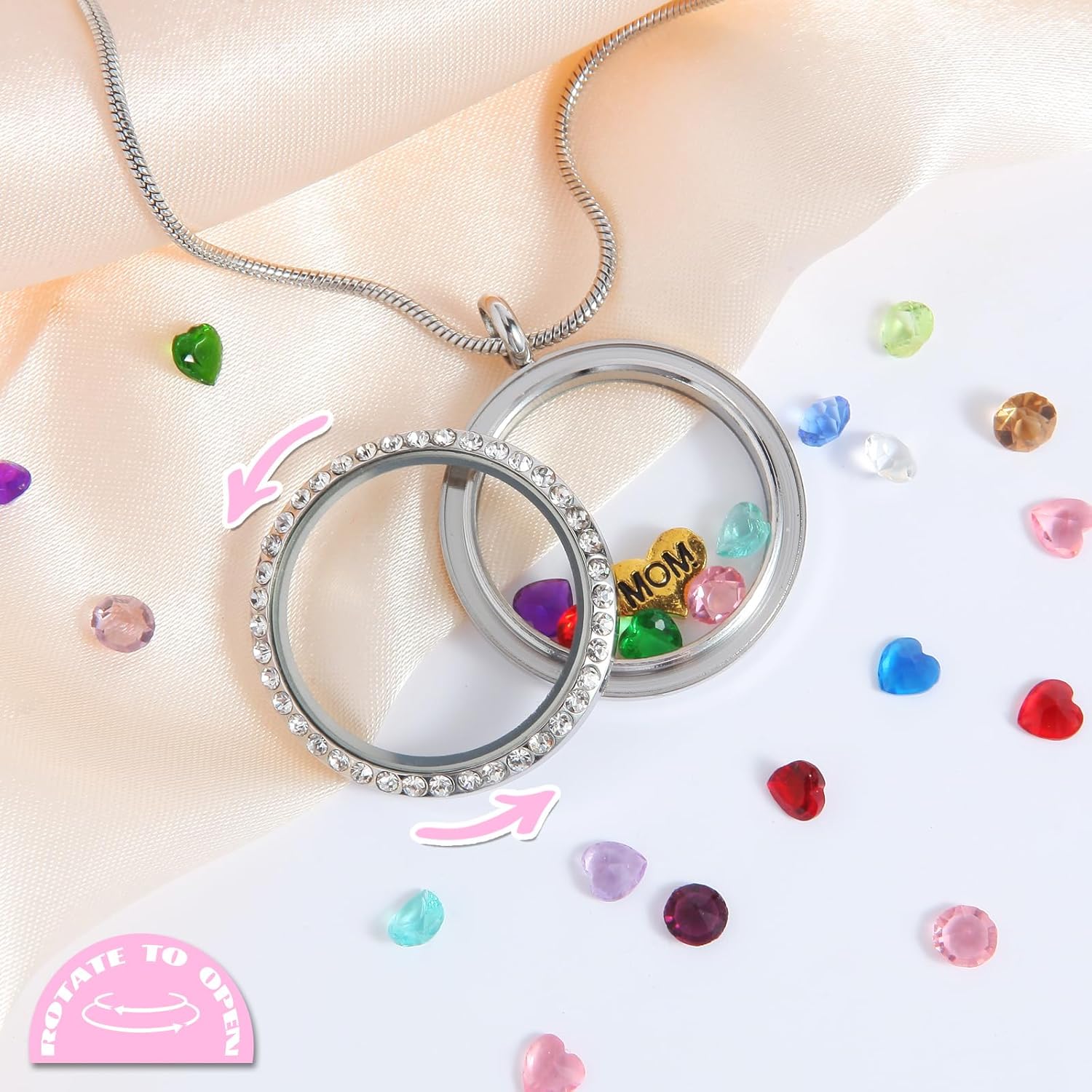 Birthstone Necklace for Mom Grandma Mothers Necklace with Birthstones and Charms Living Floating Memory Locket Necklace for Mother and Grandmother