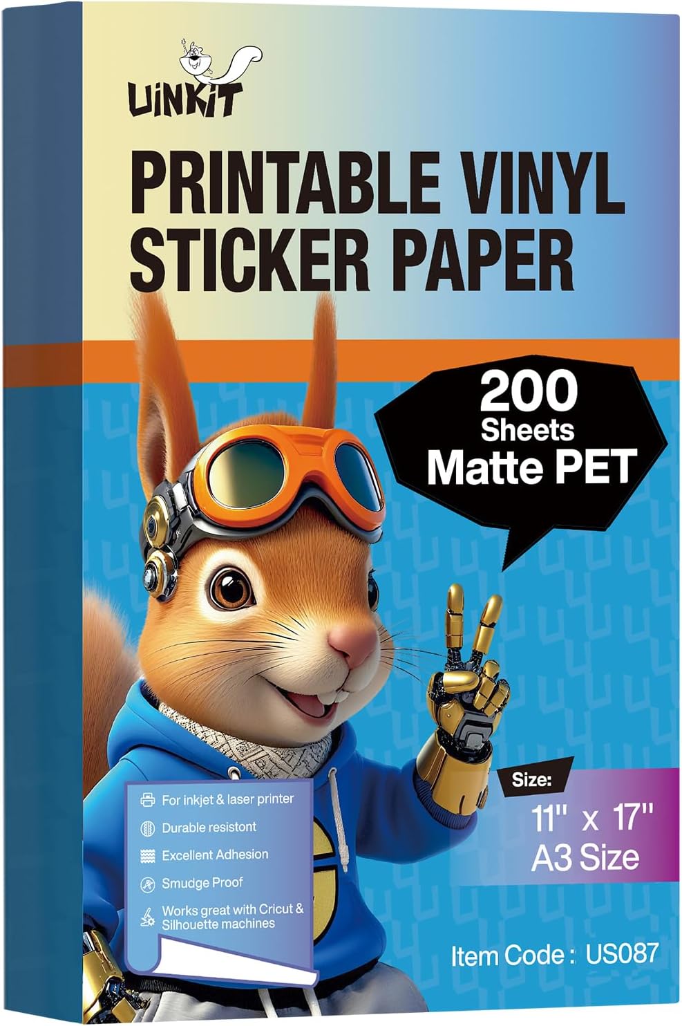 Uinkit 200 Sheets Premium Matte Printable Vinyl Sticker Paper Durability Adhesive Paper 11 x 17,