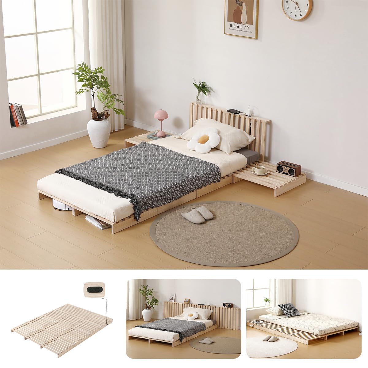 Amazon｜Kennkari パレットベッド 天然木 コンセント付き すのこベッド