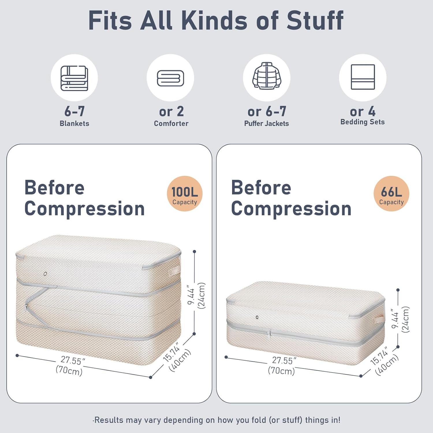 DIMJ Comforter Storage Bag - 100L Large Capacity Blanket Storage Compression Bags, Washable Space Saving Self Compression Organizer with Window Handles, Space Saver for Clothes, Bedding, Sheet