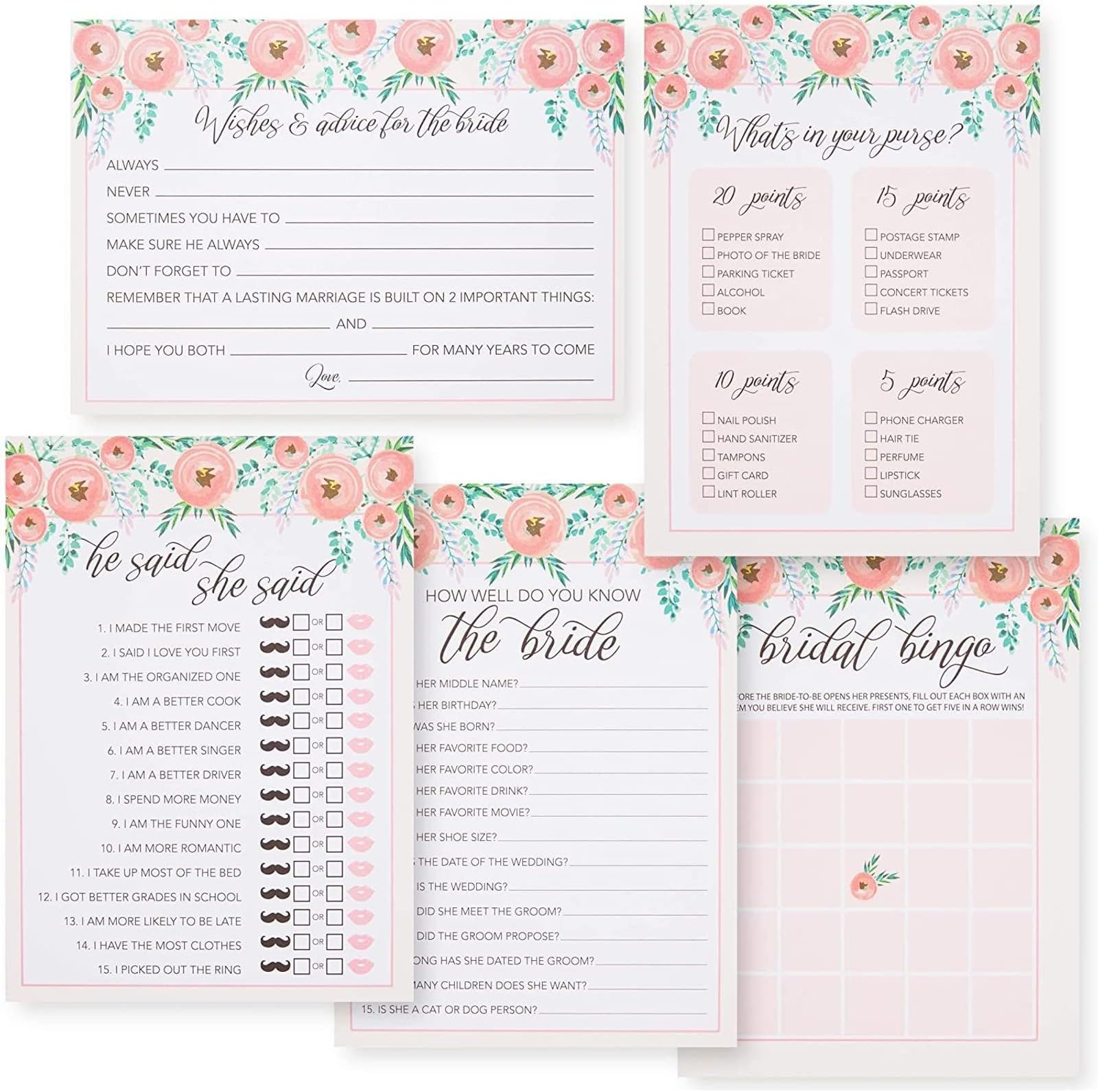 JuvaleSet of 5 Games - Pink Floral Bridal Shower Wedding Games, 50 Cards Each, 13 x 18 cm