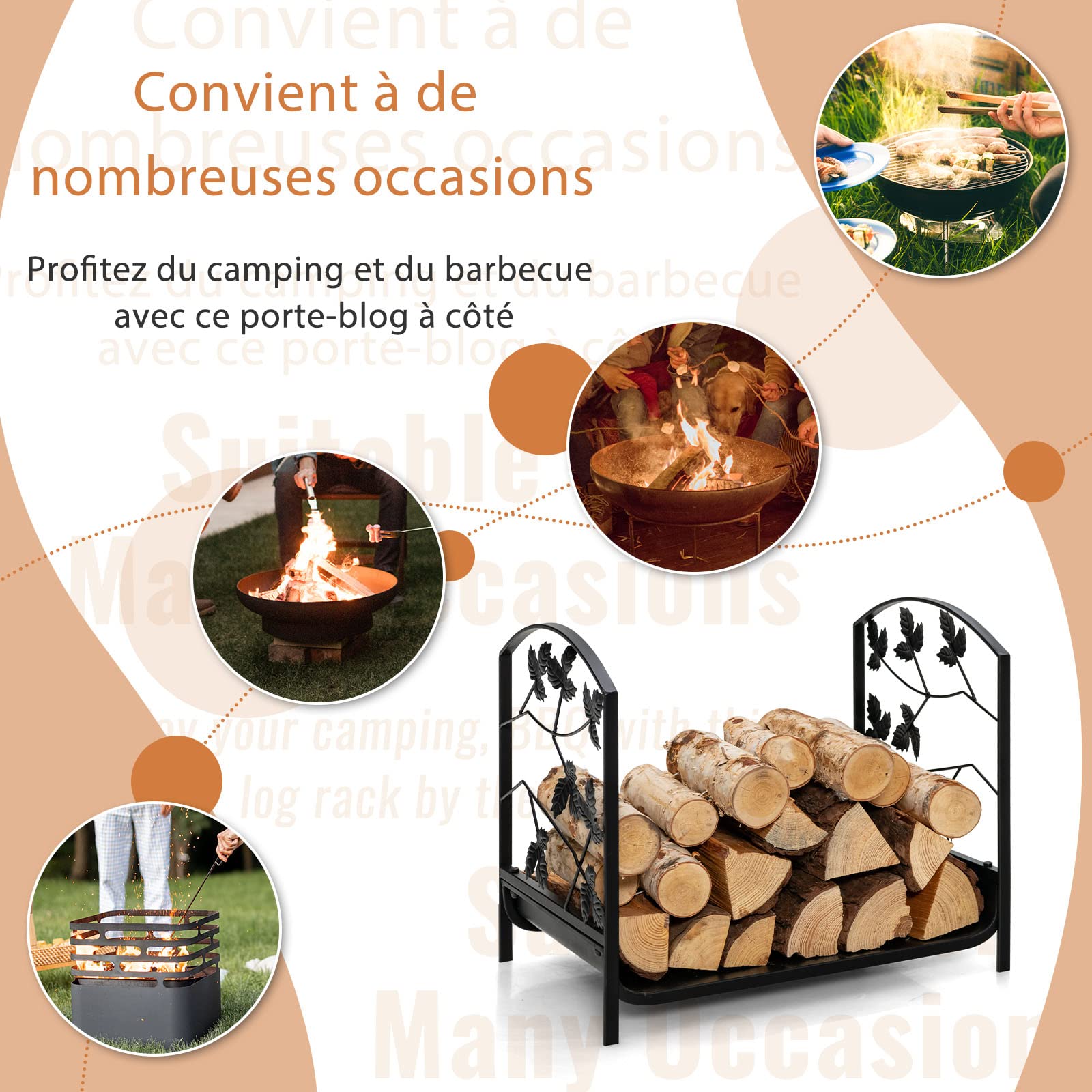 GOPLUS Range Bûches Cheminée, Porte Bûches en Acier avec des Pieds Surélevés, Motifs Feuilles Élégants, Charge 50 kg, Intérieur Extérieur 48 x 34 x 41 cm - 4