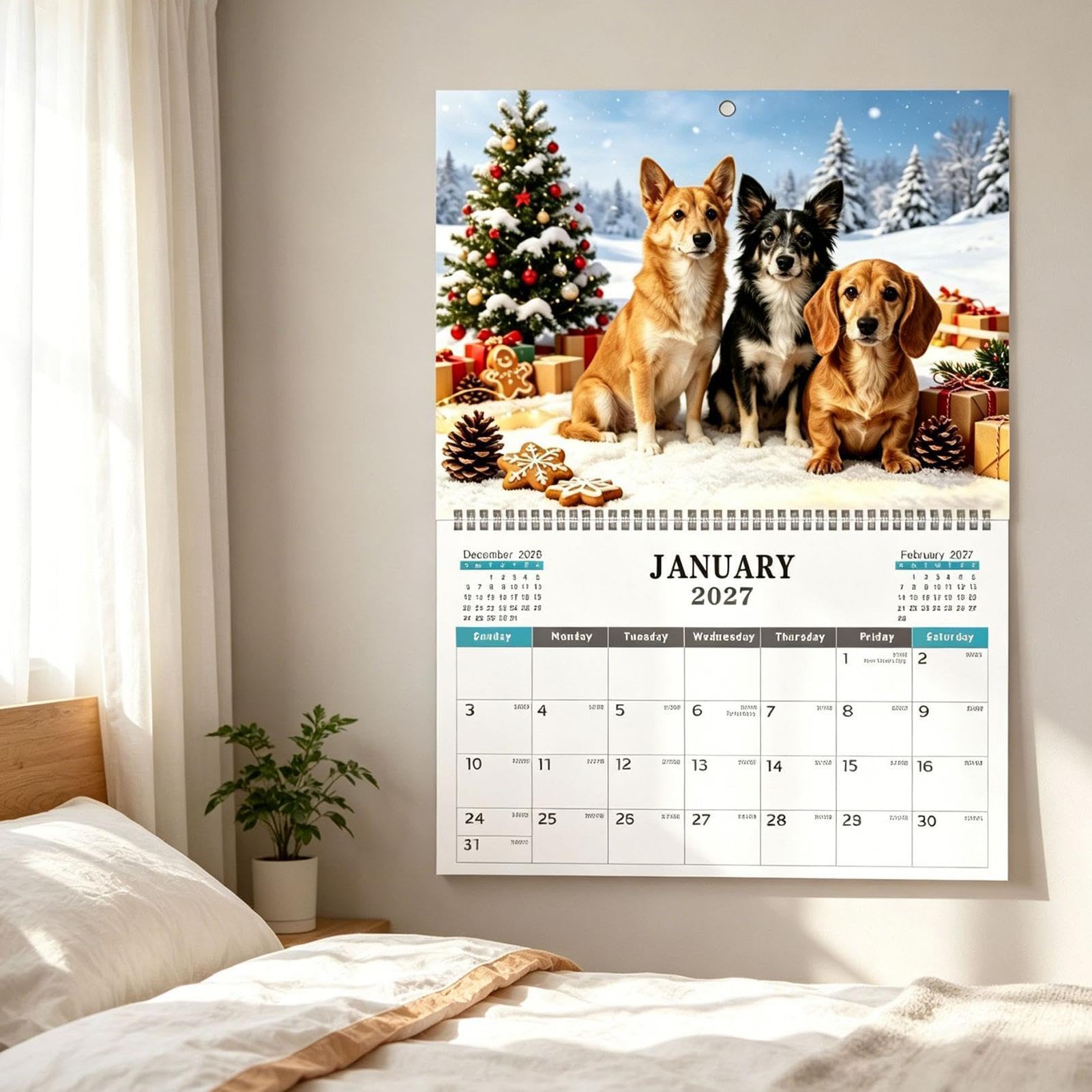 Calendrier mural 2027 amusant et mignon sur 12 mois en forme de chien