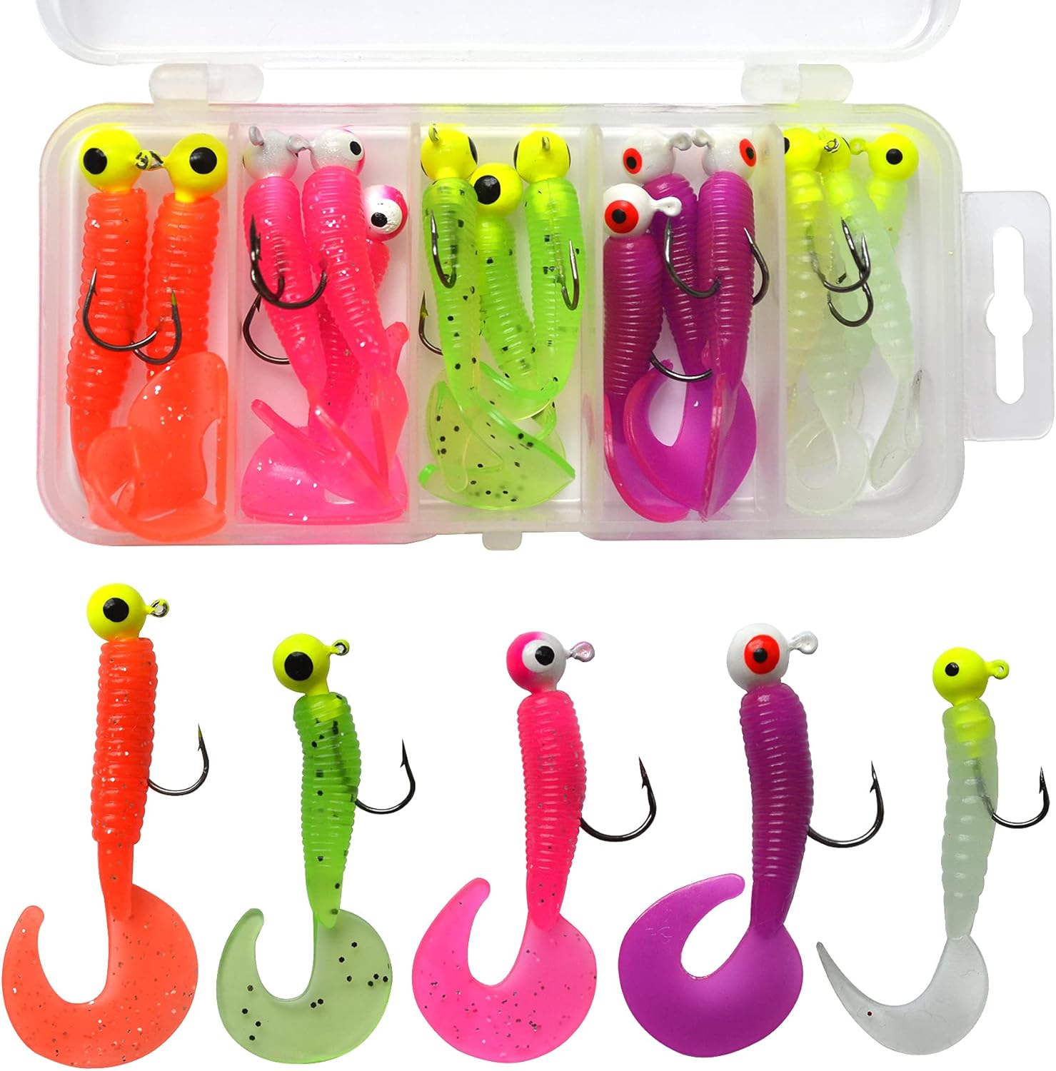 15 Pcs Ball Jig Heads Hooks with Bait Worms Lure Set Grub