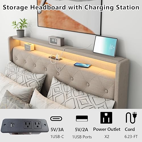 Miniatura 22 de Loomie Base de cama King con estación de carga y luces LED, cama tapizada con cabecera de almacenamiento copetuda con botones, almacenamiento Gris