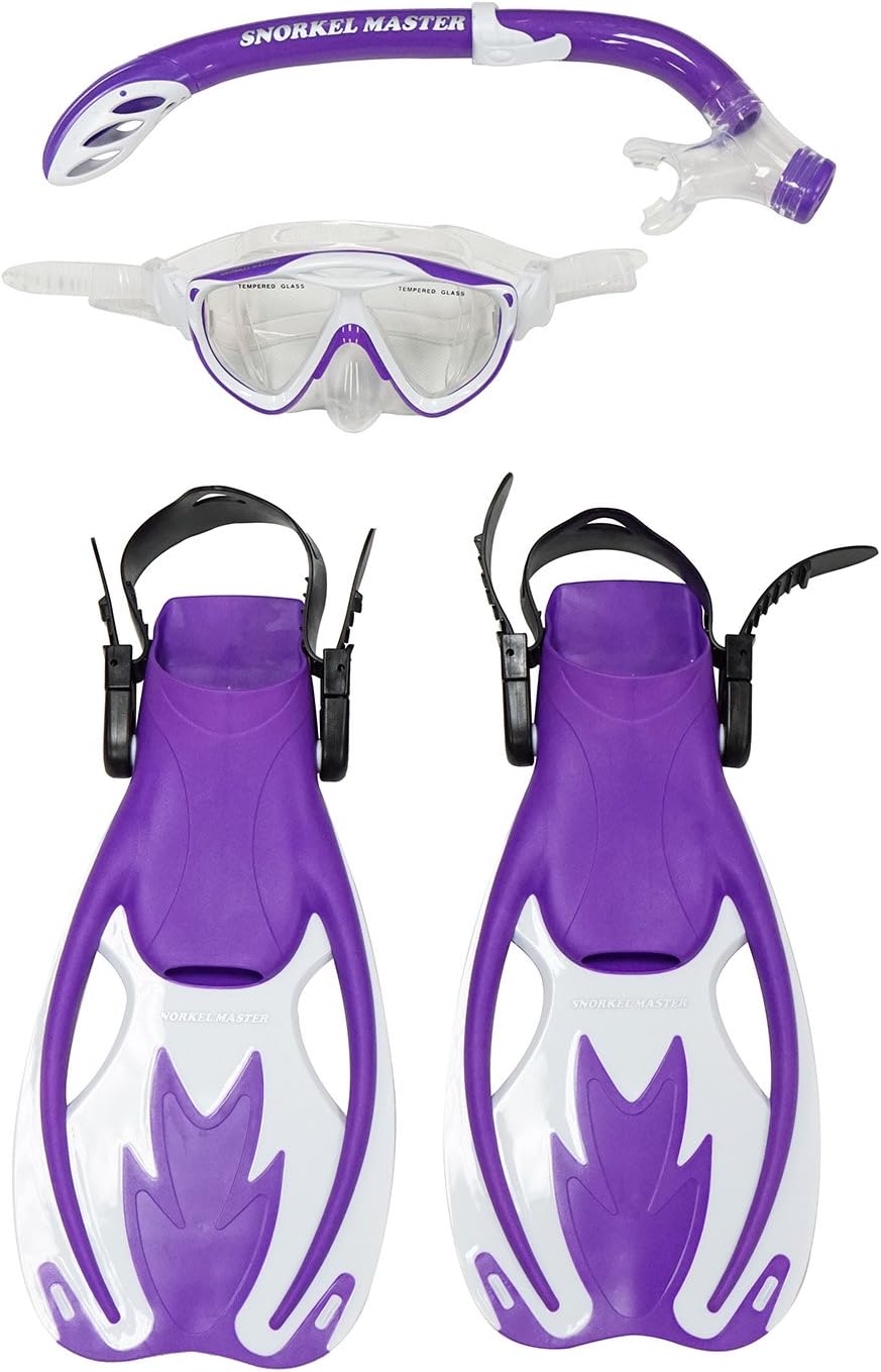 Kids Snorkeling Mask & Fins Set – Adjustable Open-Heel Fins & Panoramic Anti-Fog Mask for Kids – Comfortable & Fun Snorkeling for Swimming & Beach Adventures