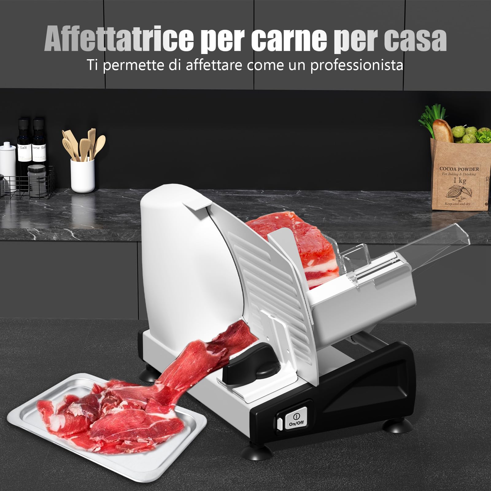 YASHE Affettatrice Elettrica Da Casa Con Motore DC Silenzioso, Affettatrice Professionale Per Prosciutto 200W, Lame In Acciaio Inox Doppie Da 19CM, Spessore Regolabile 0-15mm Per Carne Formaggio Pane