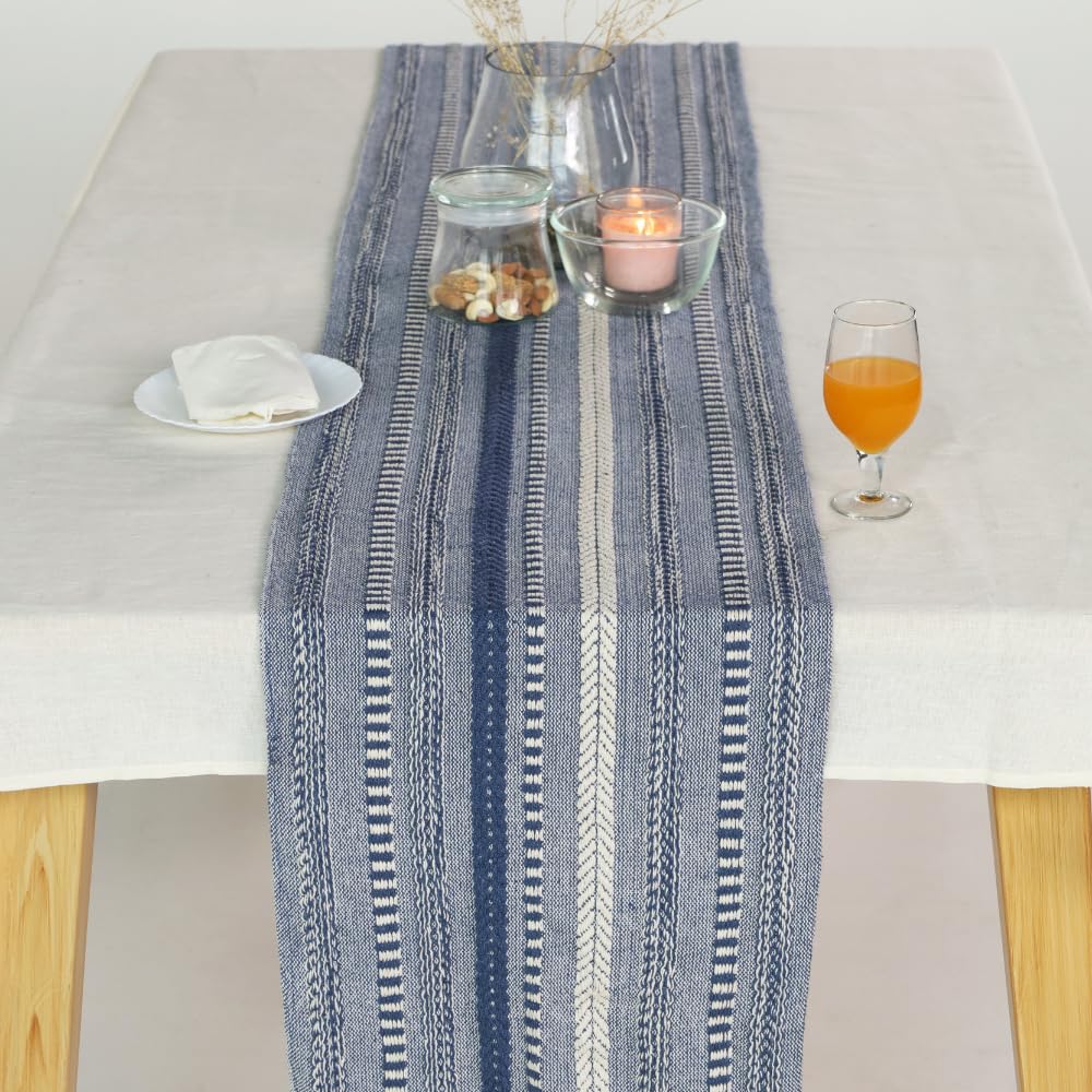 THE ART BOX Boho Cotton Fabric Table Runner Blue - 14x108 inch Morden Farmhouse Braided Stripe Kitchen Dining Table Runner Tassel for Wedding Home Decor