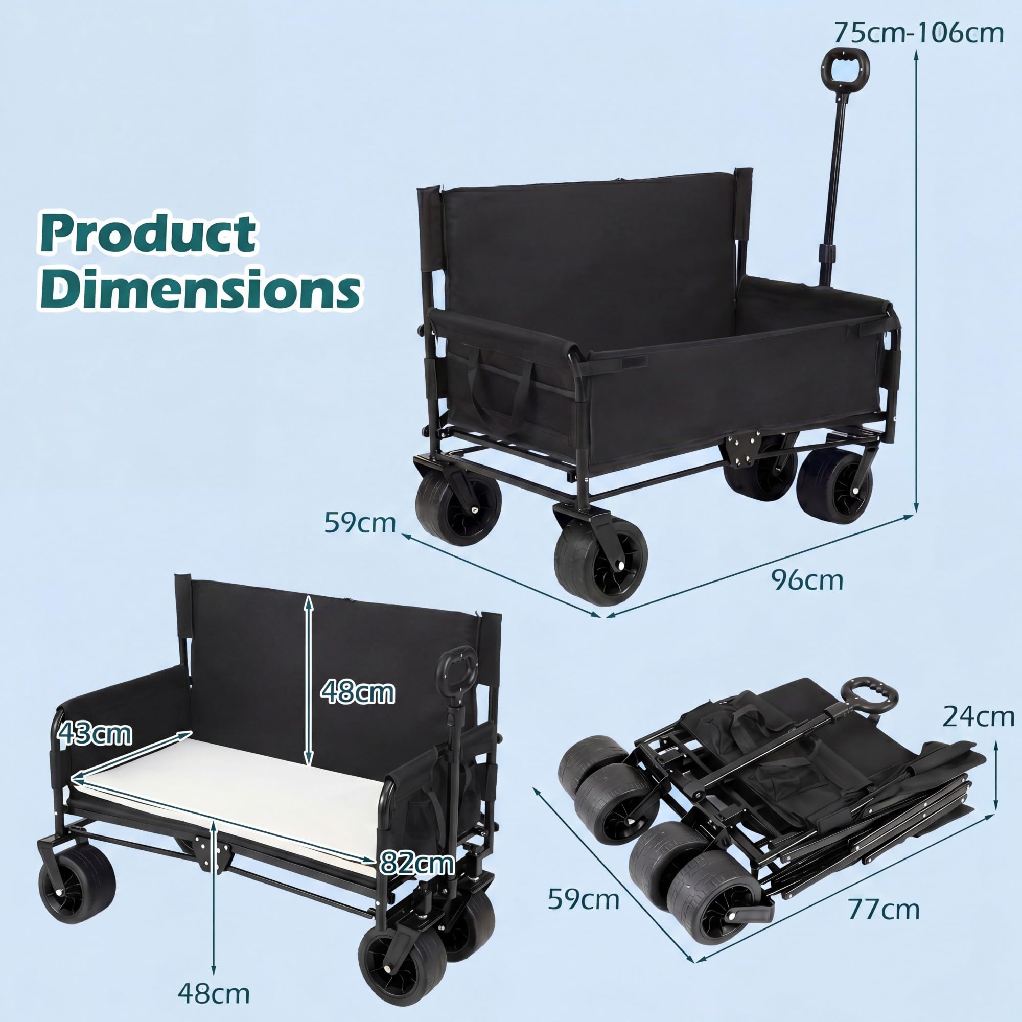 SOARS 2-en-1 Chariot de Plage Pliable avec Banc, Chariot de Transport avec Roues Tout-Terrain et Coussins, Acier Résistant, pour Camping, Jardin, Pêche, 80 KG, 85L