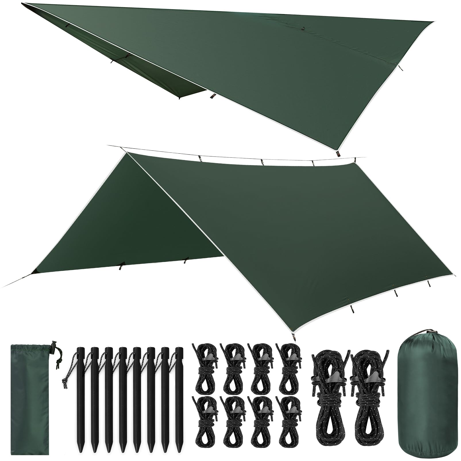 VOSOIR Tarp 3x3/3x5M Wasserdicht, Ultraleicht Camping Zeltplane, Anti-UV Sonnen Regen Schutz Schnee, mit Öse + Aluminiumstifte + Nylonseile, Leicht Kompakt, für Camping Picknick Wandern Hängematte