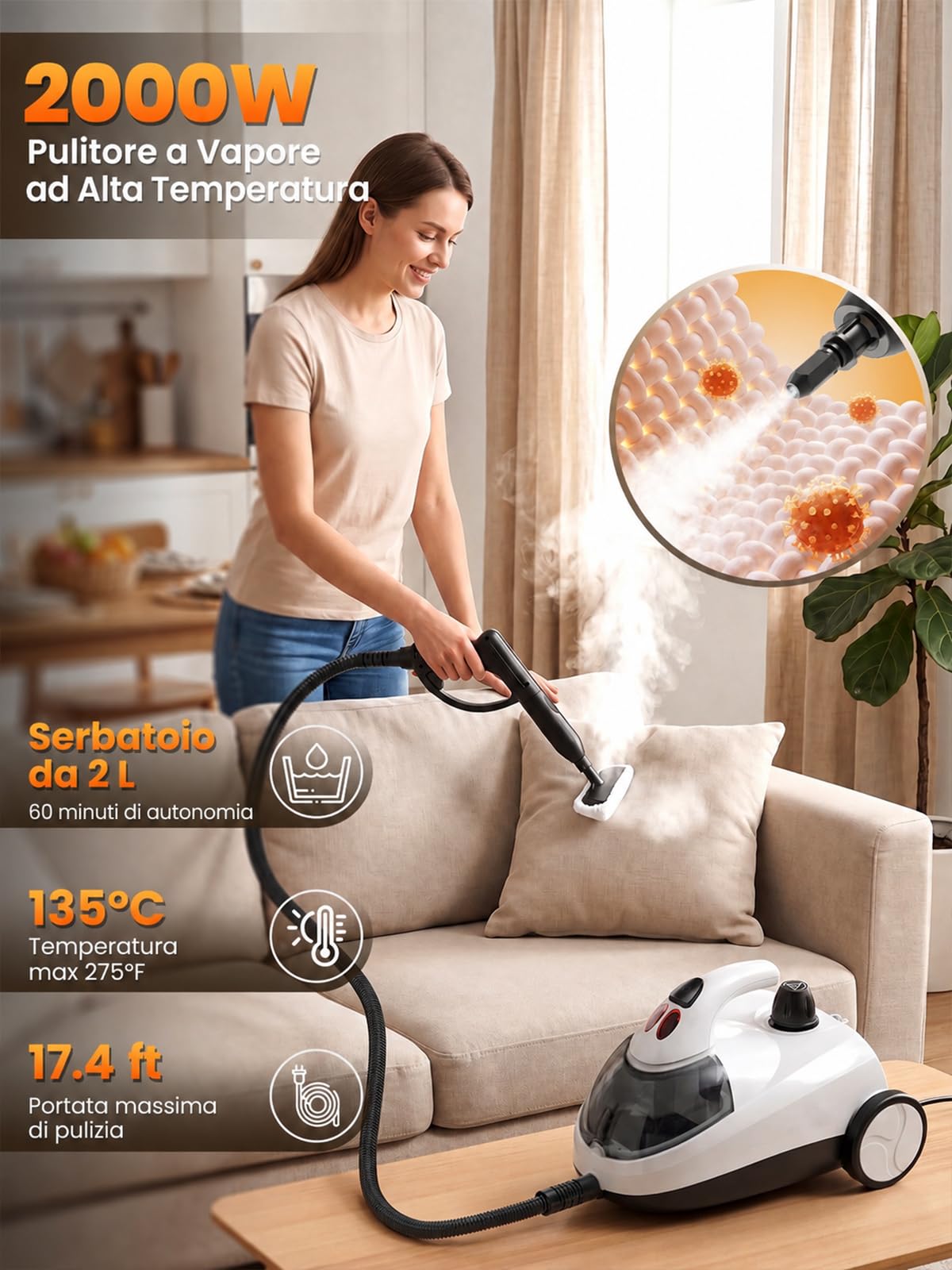 Pulitore a Vapore 2000W, Serbatoio 2L, 16 Accessori, Bianco
