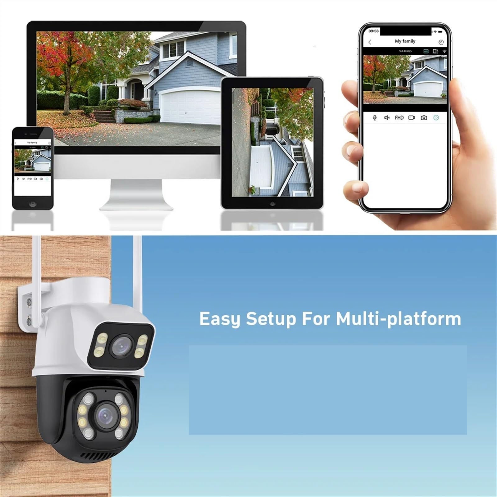 Caméra de sécurité, 8MP PTZ caméra extérieure Vision Nocturne Double écran détection Humaine 4MP Protection de sécurité CCTV Surveillance IP(4MP with 64G Card)