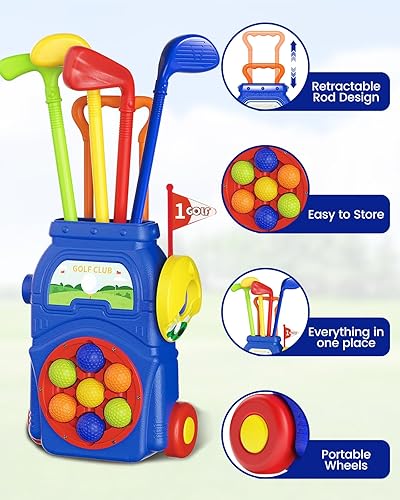 Miniatura 5 de KINGTOP Juego de golf para niños pequeños con tapete de putting y tabla de cornhole, palos de golf para niños de 3 a 5 años con 10 pelotas, 4 palos,