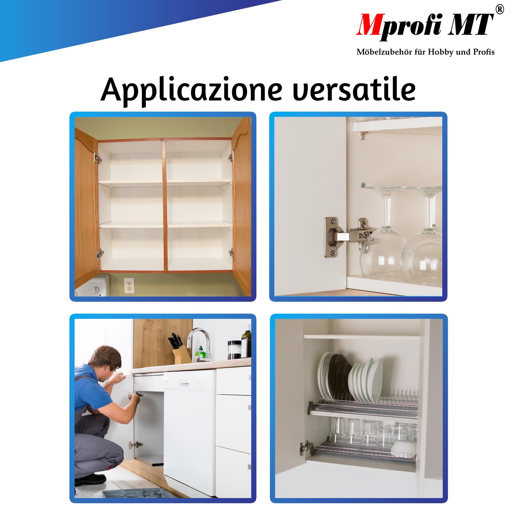 Mprofi MT® 20 Pezzi | Cerniere Ammortizzate per Ante Cucina con Piastra di Montaggio 3D | Ø35mm Battuta Esterna Clip 110° | Cerniere per Armadio | Cardini per Mobili | Cerniera a Molla