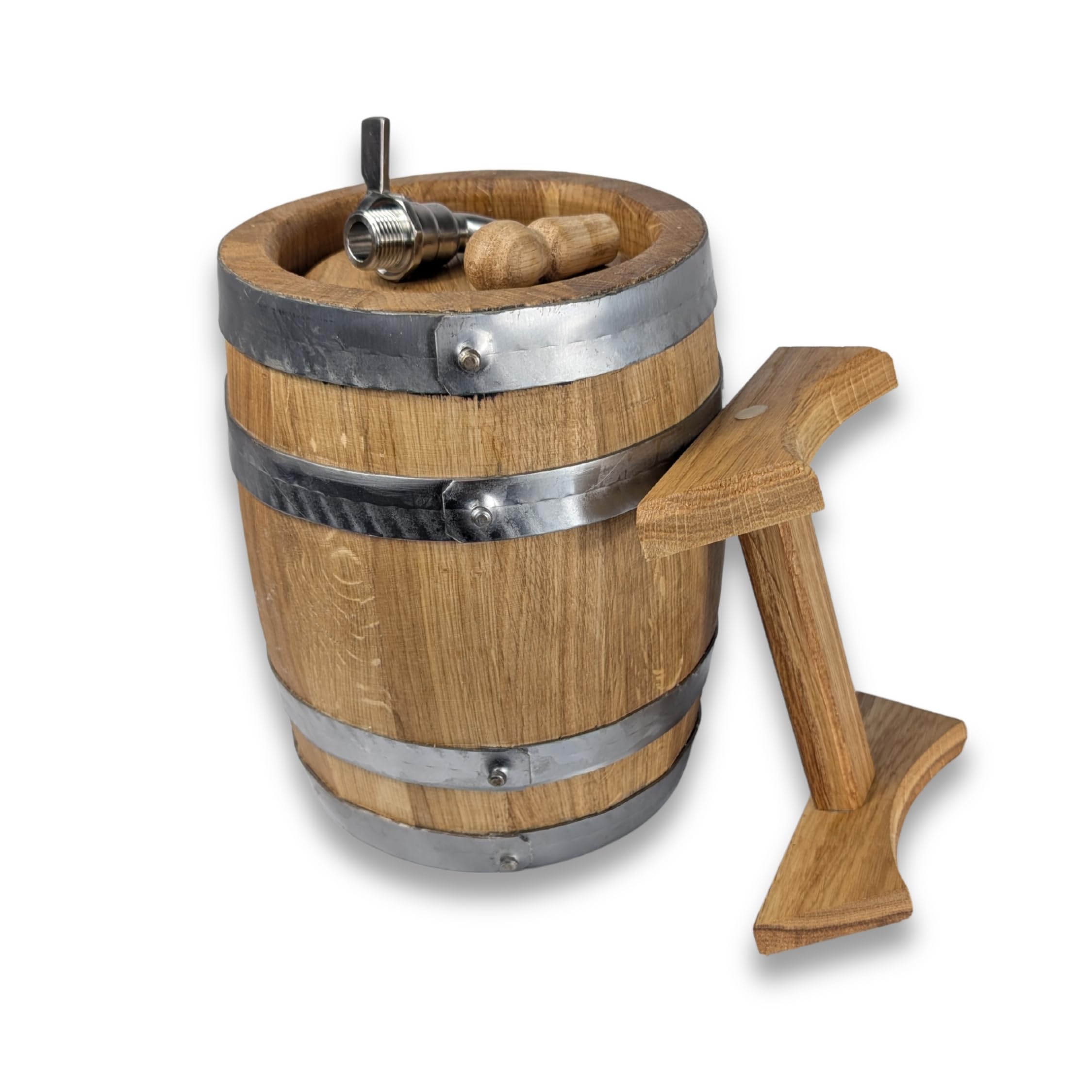 Eichenfass 3L mit Edelstahlzapfhahn – Holzfass für Whisky, Wein, Schnaps – Geflammtes Weinfass Fass mit Edelstahlreifen & Bock – Geschenk & Deko klein