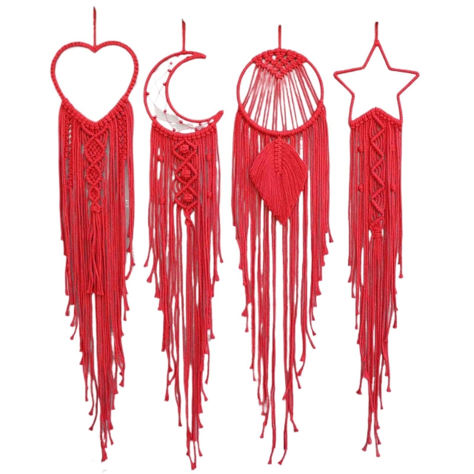 4 unids/Set macramé atrapasueños Luna Estrella Forma de corazón Redondo Adorno Colgante en la Pared decoración del hogar(Red)