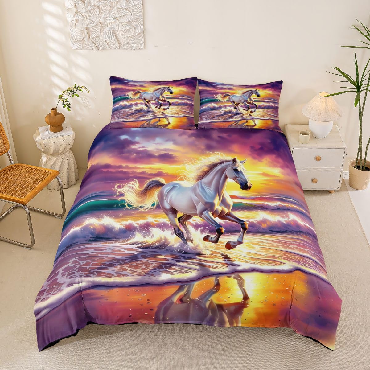 Homemissing Horse Duvet Cover Set Cot Size for Kids Boys Girls Galloping Horse Bedding Set Ocean Beach Duvet Cover with 1 Pillowcase Cute Animal Bedding — image 1
