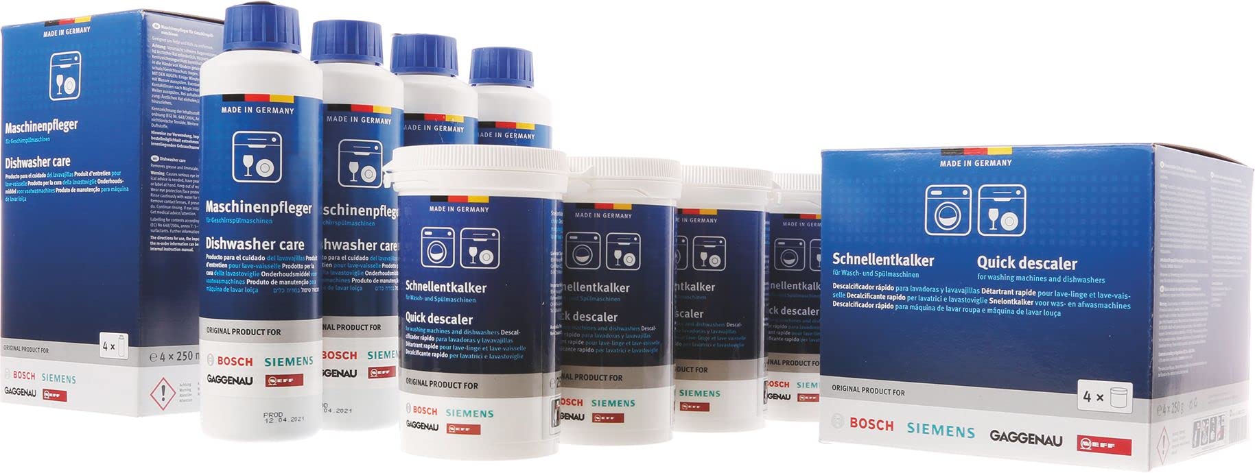Reinigungsset 4 x 250ml Entfetter Spülmaschine + 4 x 250g Entkalker Waschmaschine / Spülmaschine Kompatibel für Bosch Siemens Neff Gaggenau 00312268