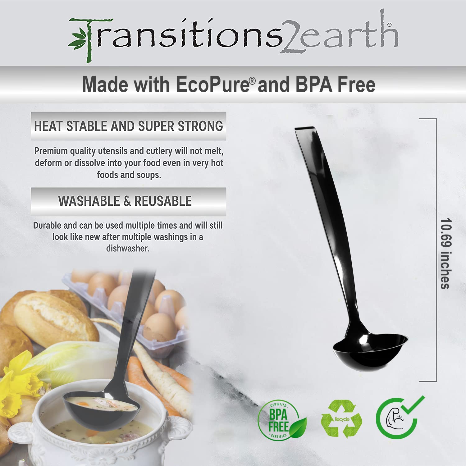 Transitions2earth Biodegradable EcoPure Soup Ladles - 48 Count - Earth-Friendly, BPA-Free, Heavy Duty, Heat Resistant, Reyclable Utensils