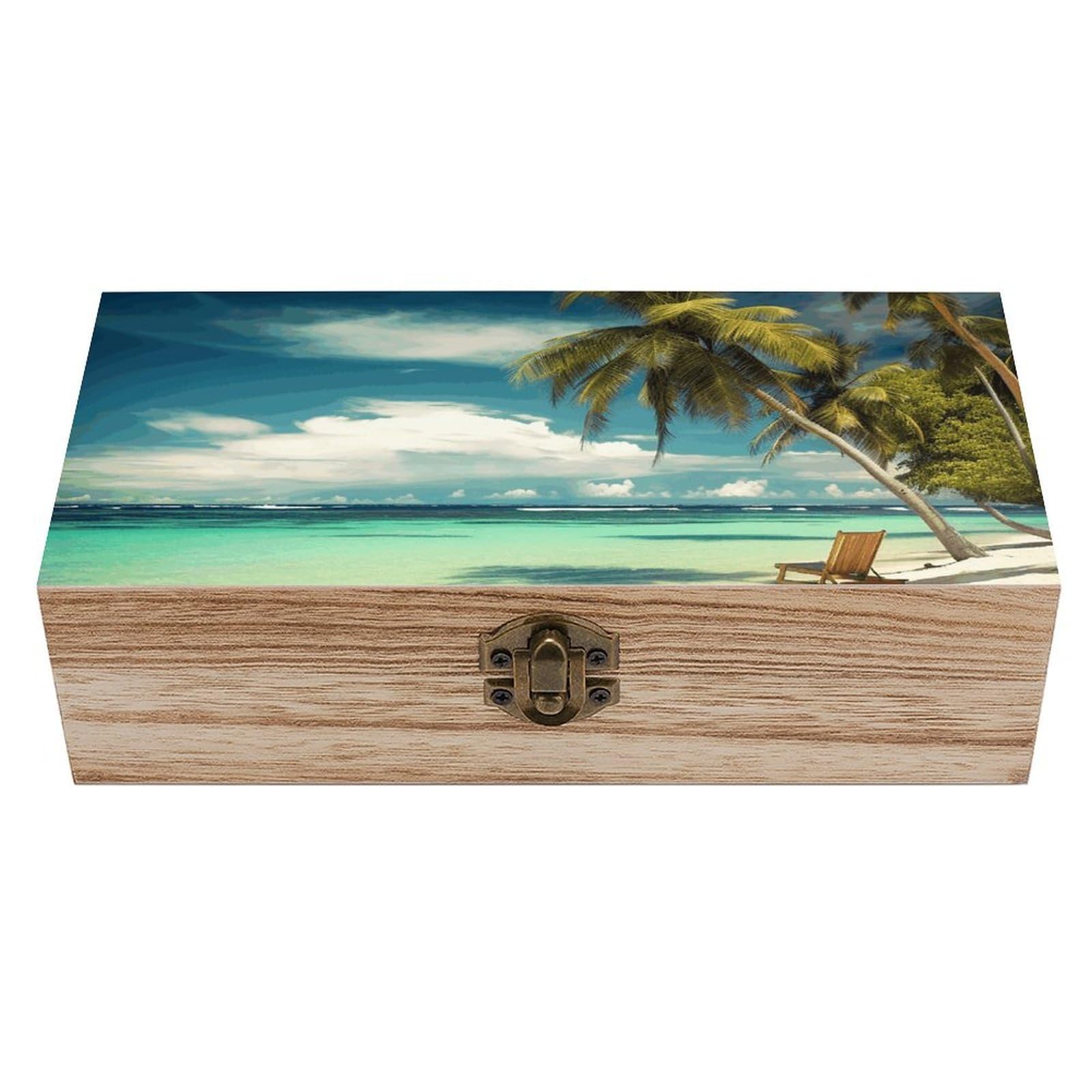 Wooden Storage Box Tropical Holidays Wood Gift Box with Hinged Lid Vintage Decorative Jewelry Boxes Memory Box for Jewelry Art Hobbies Home Storage Treasure Keepsake Gift 7.9''x3.9''x2.3''