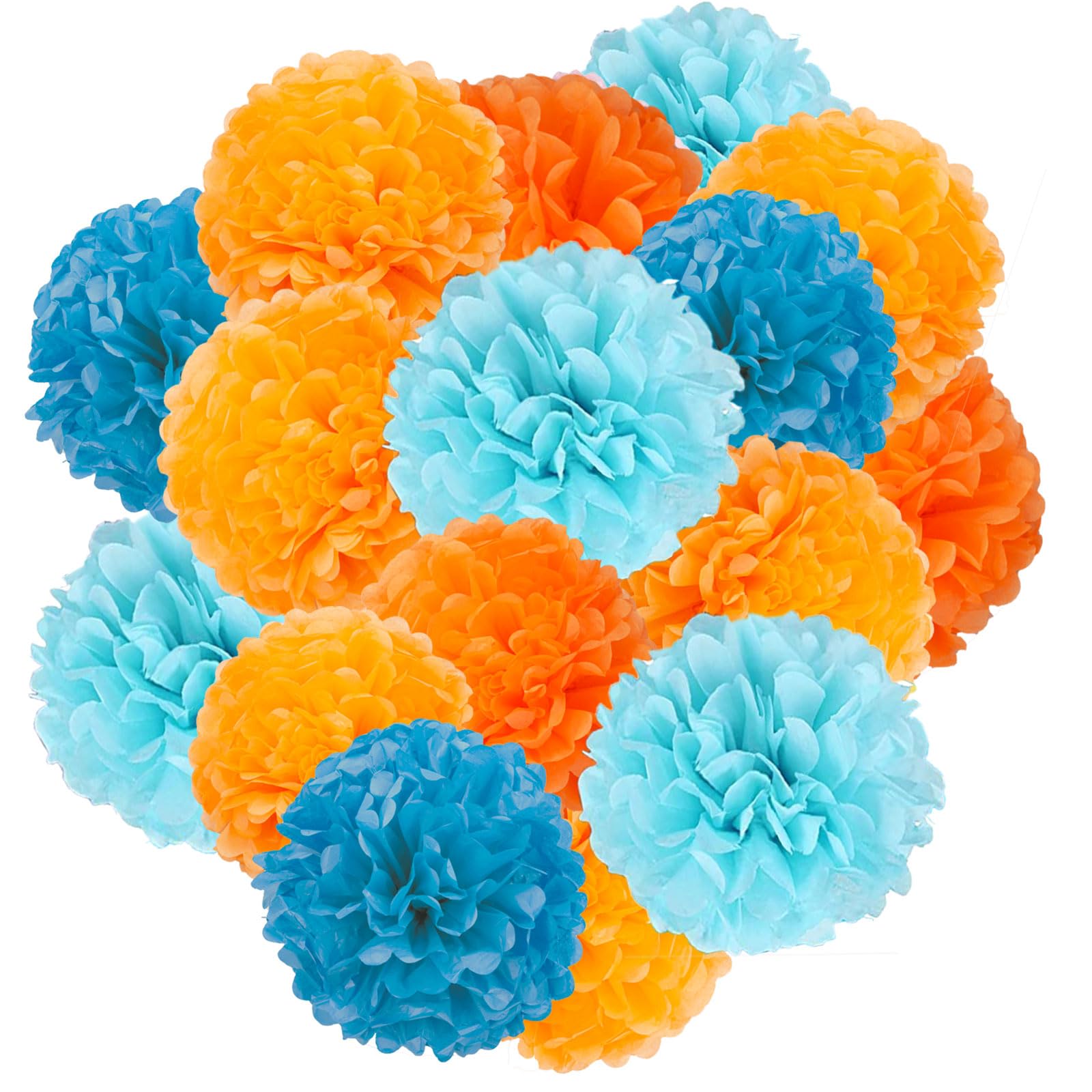 Capesaro Blue and Orange 12PCS Paper Pom Poms Party Decorations for Girl Birthday College Graduation Decoration, Hanging Decor Tissue Paper Flowers