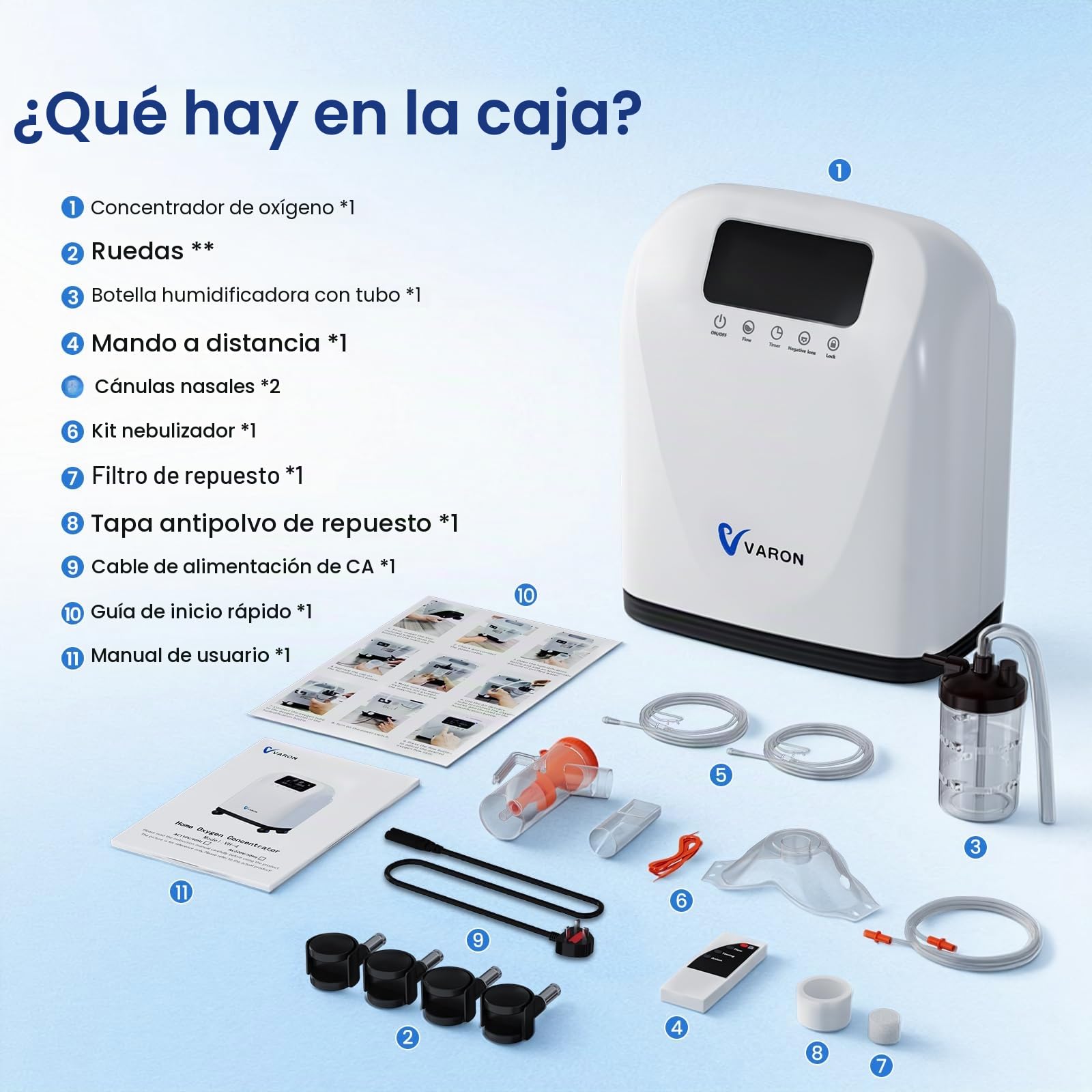 Concentrador de oxígeno portátil para el hogar, Xandoril, 1–9 l/min, 90% de concentración, adecuado para adultos y niños, con control remoto, <45 dB bajo ruido