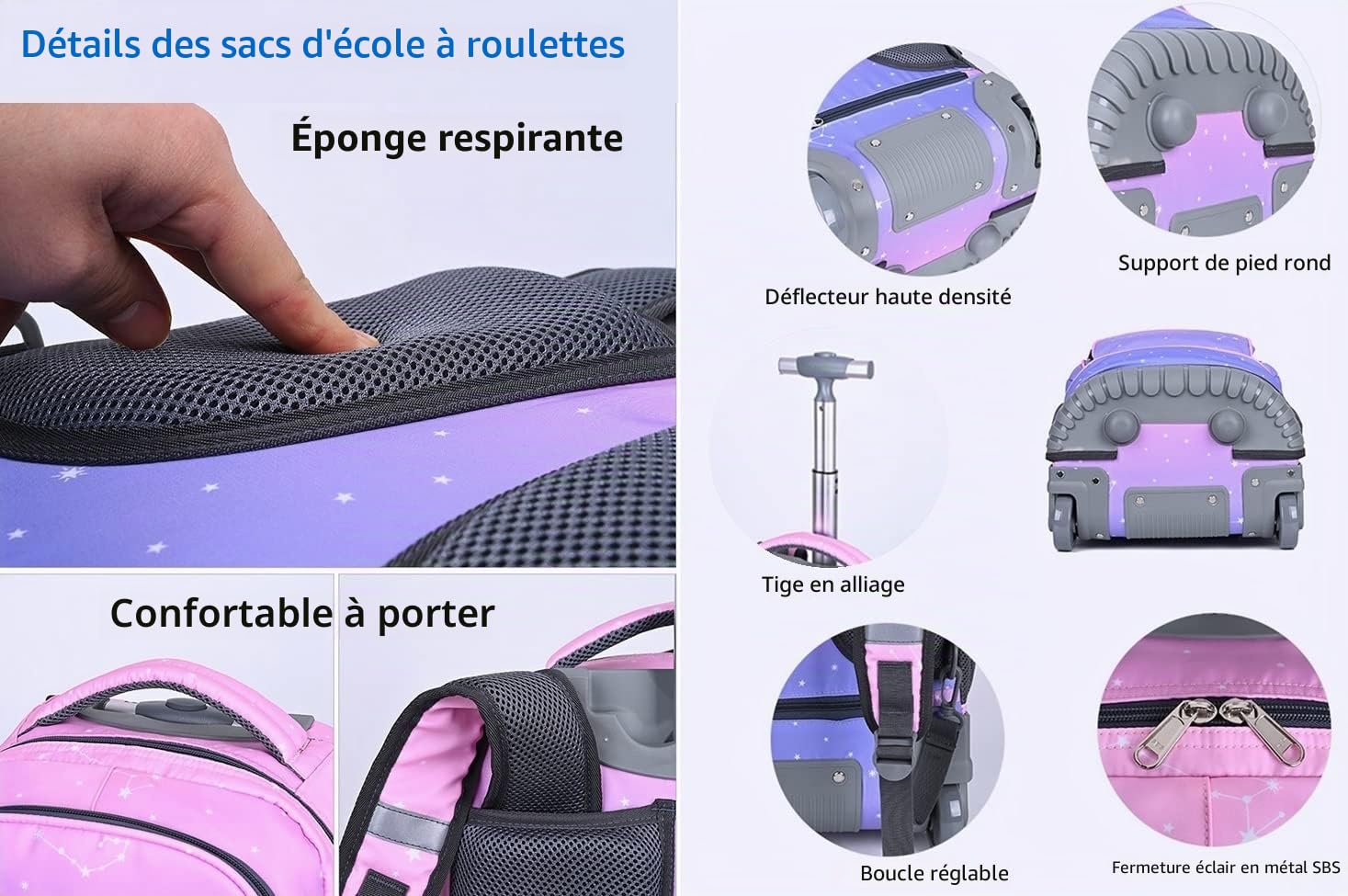 Sac à Dos à Roulettes Multifonction pour école, étudiants et Adultes 19 Pouces Cartable à Roulettes pour Garçons et Filles