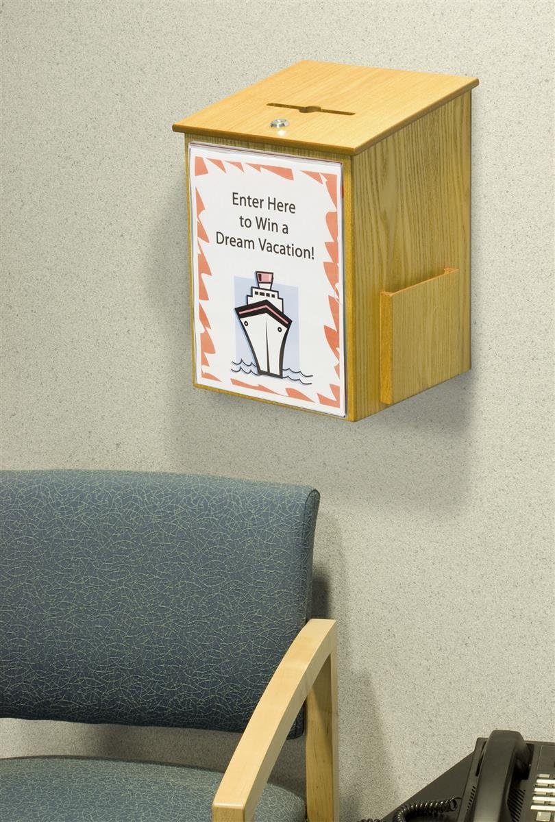 Displays2go Wood Suggestion Box, Ballot Box with Locking Hinged Lid, Built-in Side Pocket and Security Pen for Wall or Counter - Medium Oak