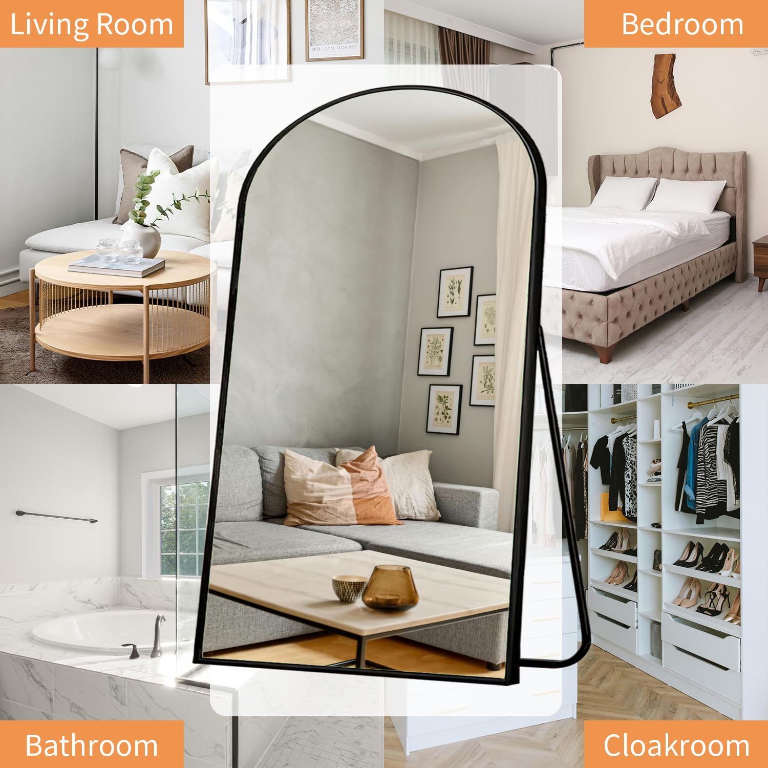 Ganzkörperspiegel, 218x102 cm Groß Bogen Standspiegel aus Gehärtete Glas, Hängend oder Lehnend Wandspiegel für Schlafzimmer, Wohnzimmer, Ankleidezimmer, Schwarz