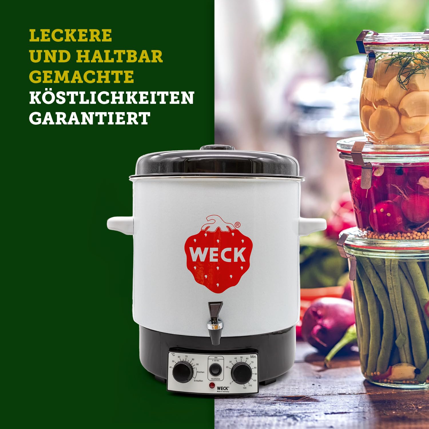 WECK Einkochautomat WAT15-A Emaille mit Präzisionsthermostat, Auslaufhahn & Zeitschaltuhr – 29L Einkochtopf, Glühweinkocher, Dampfentsafter, Einweckautomat – Made in Germany