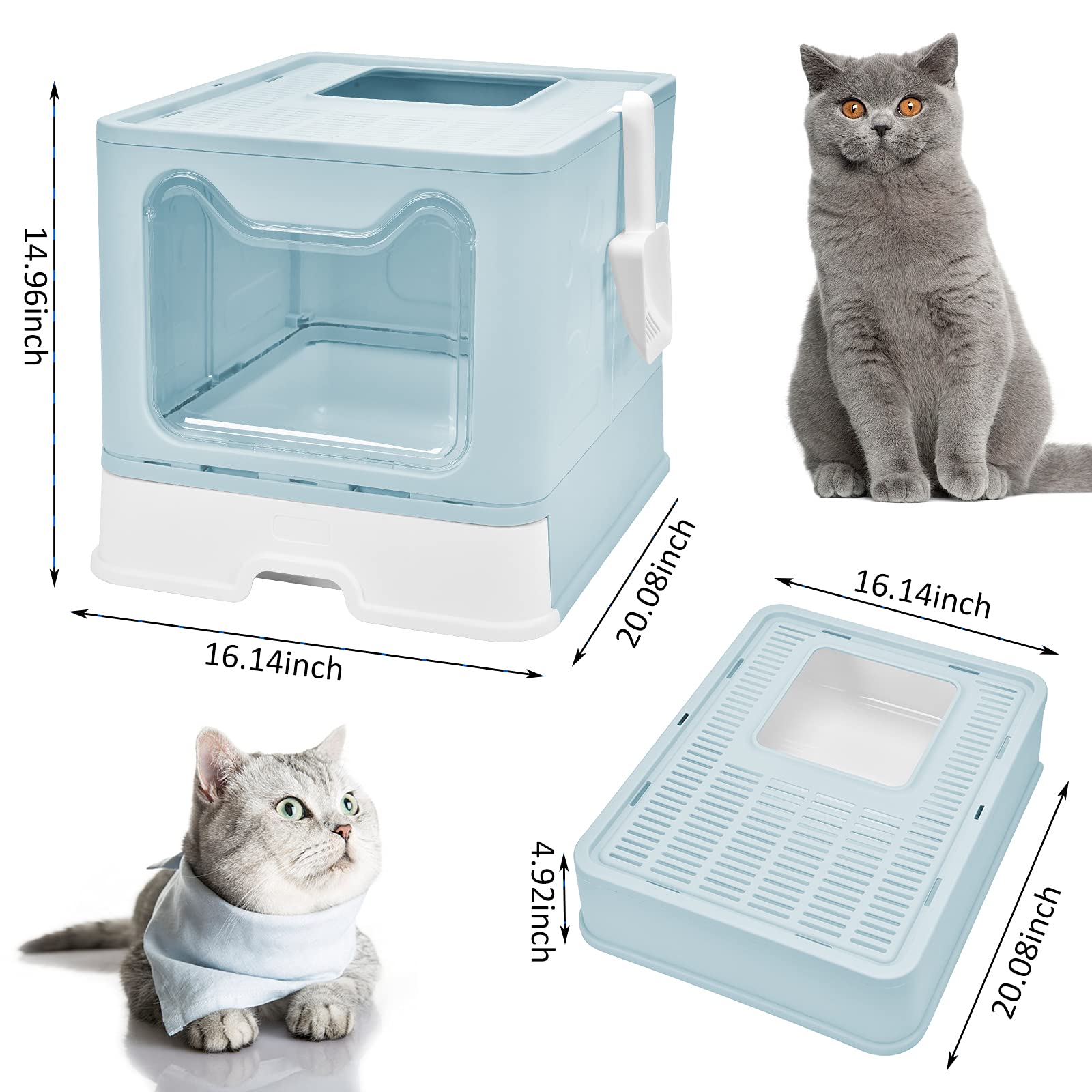 Cajas de Arena para Gatos de Entrada Superior, Plegable, con Tapa, Inodoro para Gatos, portátil y fácil de Limpiar, Incluye Cuchara para Arena para Gatos y 2 Bolsas de Basura (Azul)