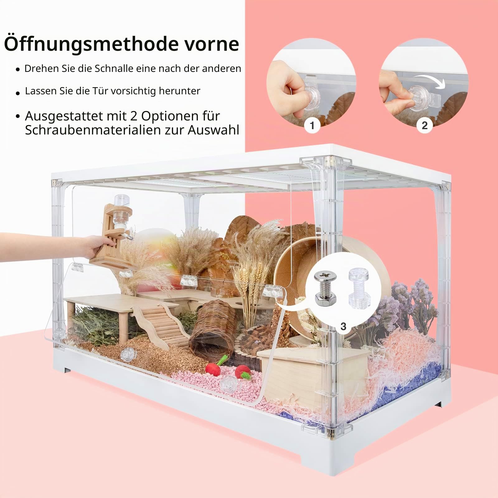 Niteangel Stacker Serie Hamsterkäfig - Stapelbarer und großer Glasbehälter für Hamster, Gerbils, Mäuse, Degus oder andere kleine Haustiere (Dreiseitenglas + Vordere Acryl-Öffnungstür)