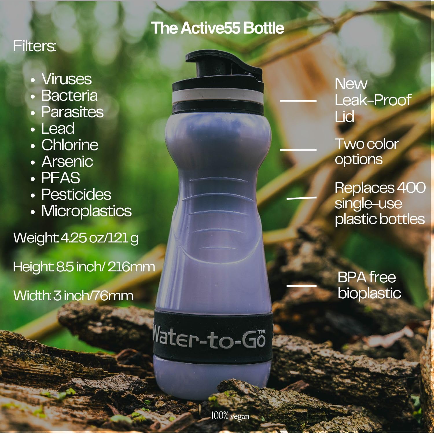 Botella de agua filtrada pequeña (55 cl) con tres filtros, botella de agua de nanofiltración con filtro para viajes, bioplástico sin BPA, color verde