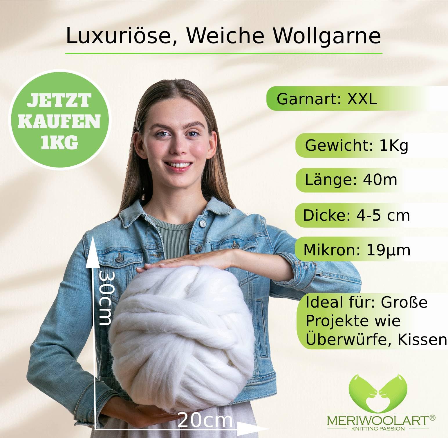 MeriWoolArt® 100% XXL Merino Wolle – 19 Micron Weiche, Dicke Wolle – Filzwolle für Trockenfilzen, Nassfilzen – DIY Decke, Baby Wolle, Armstricken – Flauschige Wolle für Stricken & Häkeln