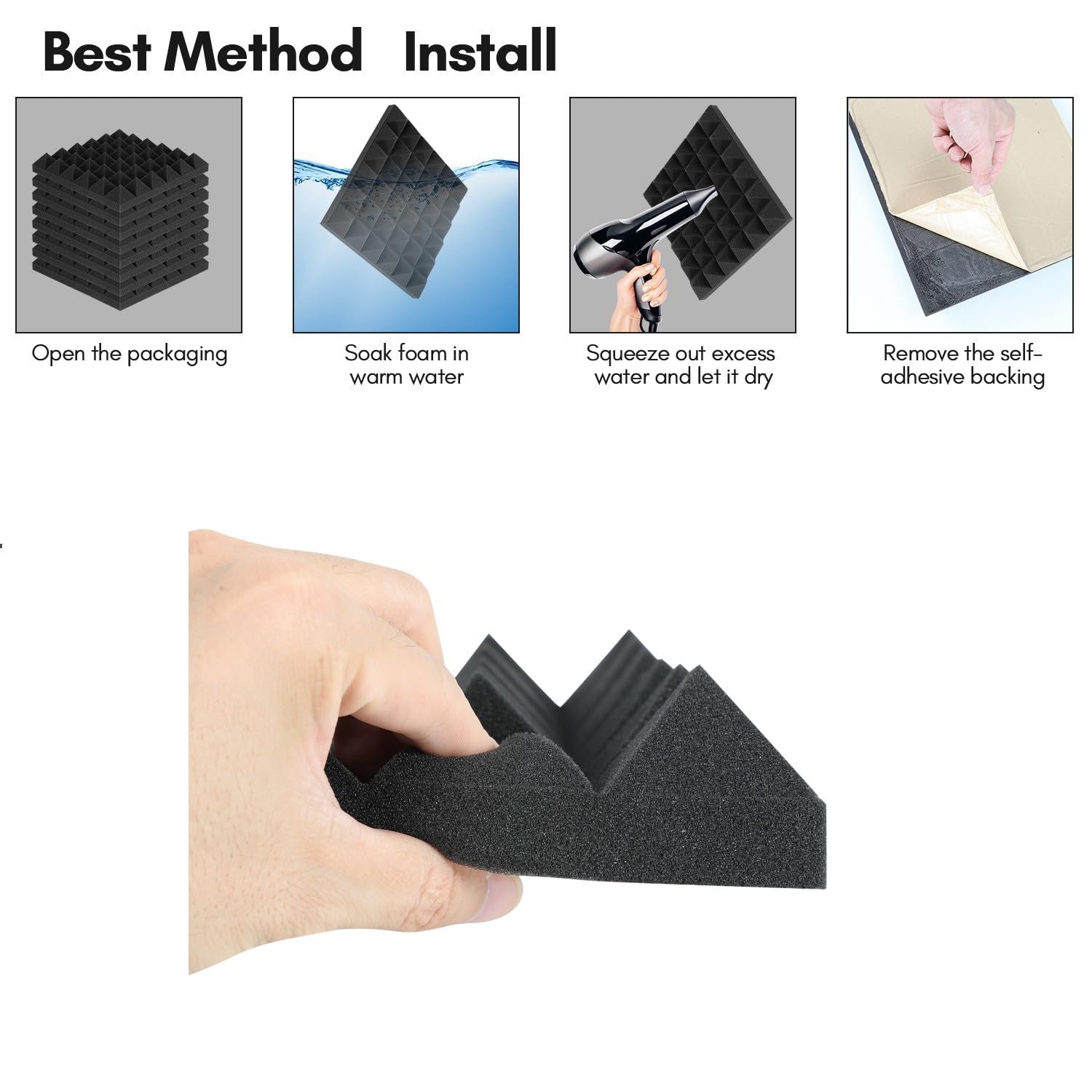 Sonnewelt Espuma acústica autoadhesiva, 48 unidades, 5 x 30 x 30 cm, 3D de alta densidad, absorción de sonido, azulejos de eco, reducen el aislamiento acústico para estudios de grabación, oficina,