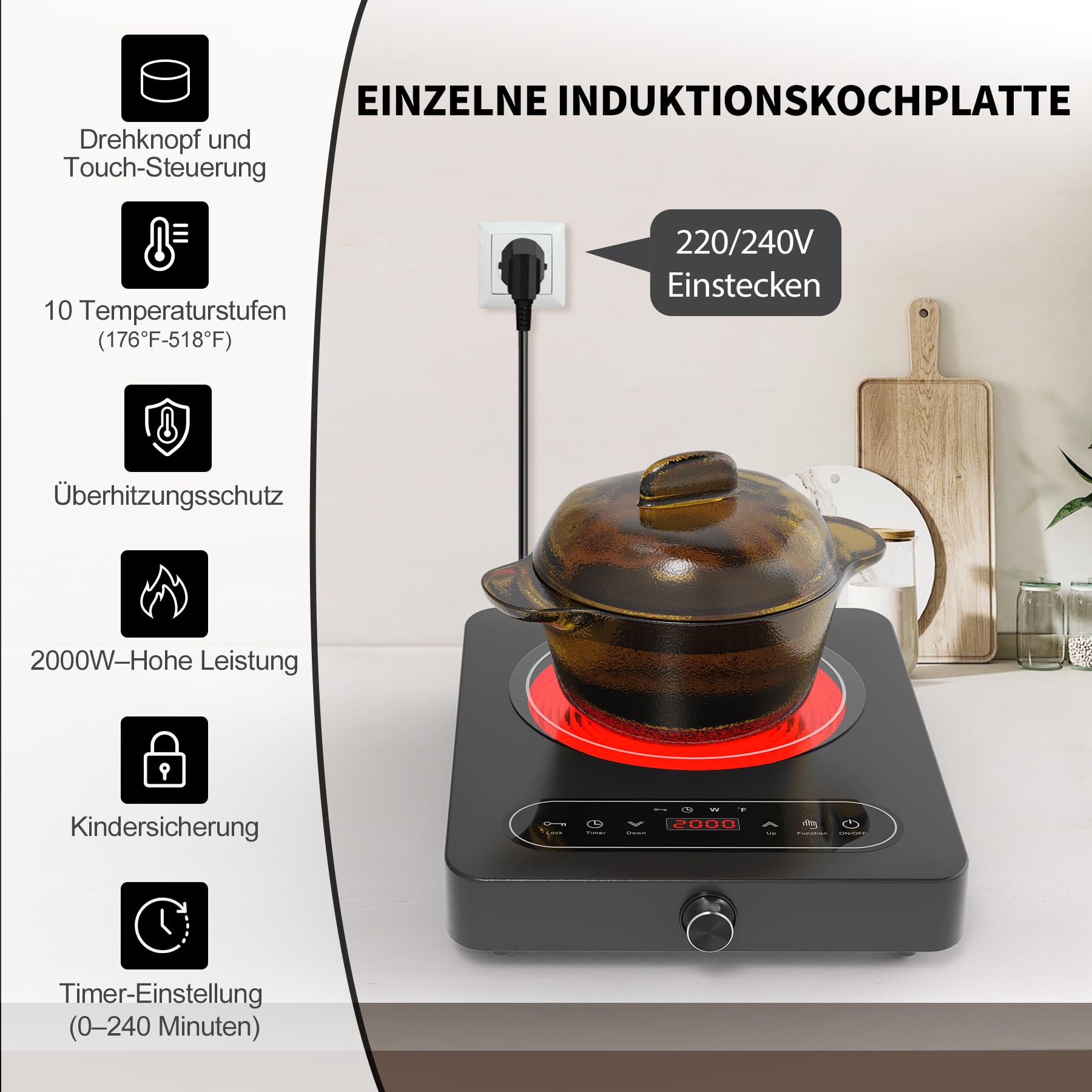 VBGK Glaskeramik Kochfeld 1 Platte, 220V, 2000W, Kochfeld mit LED-Touch-Bedienelementen und Drehreglern, 10 Leistungsstufen, 4-Stunden-Timer, Sicherheitsverriegelung Herdplatte mit Stecker