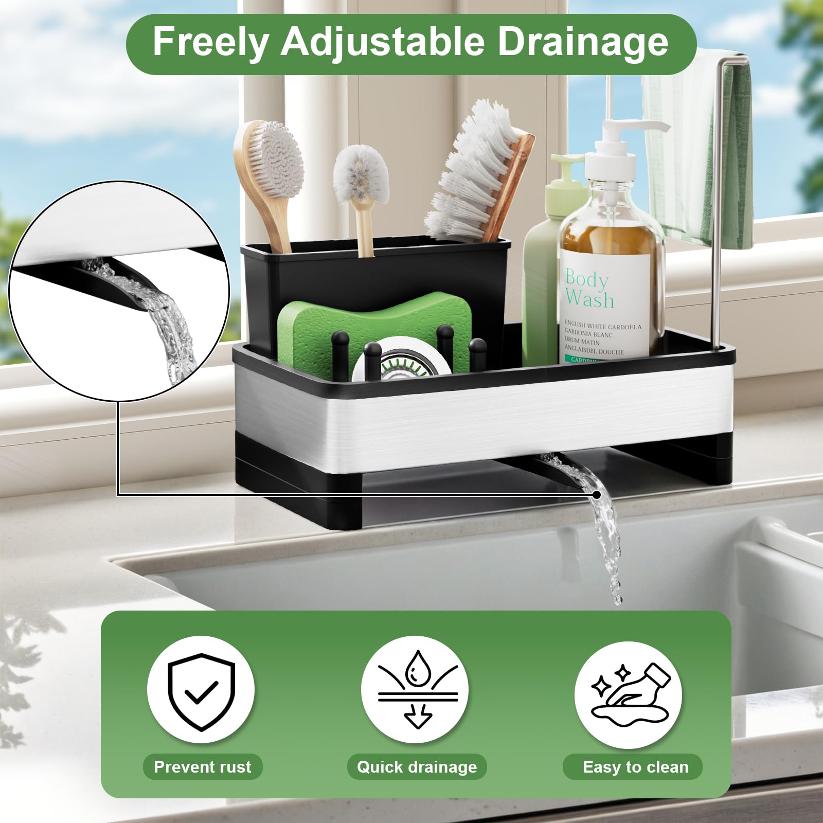 Alyvisun Grande Capacità Porta Spugne Lavello Cucina con Vaschetta di Scarico Autodrenante, Organizer Lavello Cucina in Acciaio Inossidabile, Accessori Multifunzionali per Cucina e Bagno