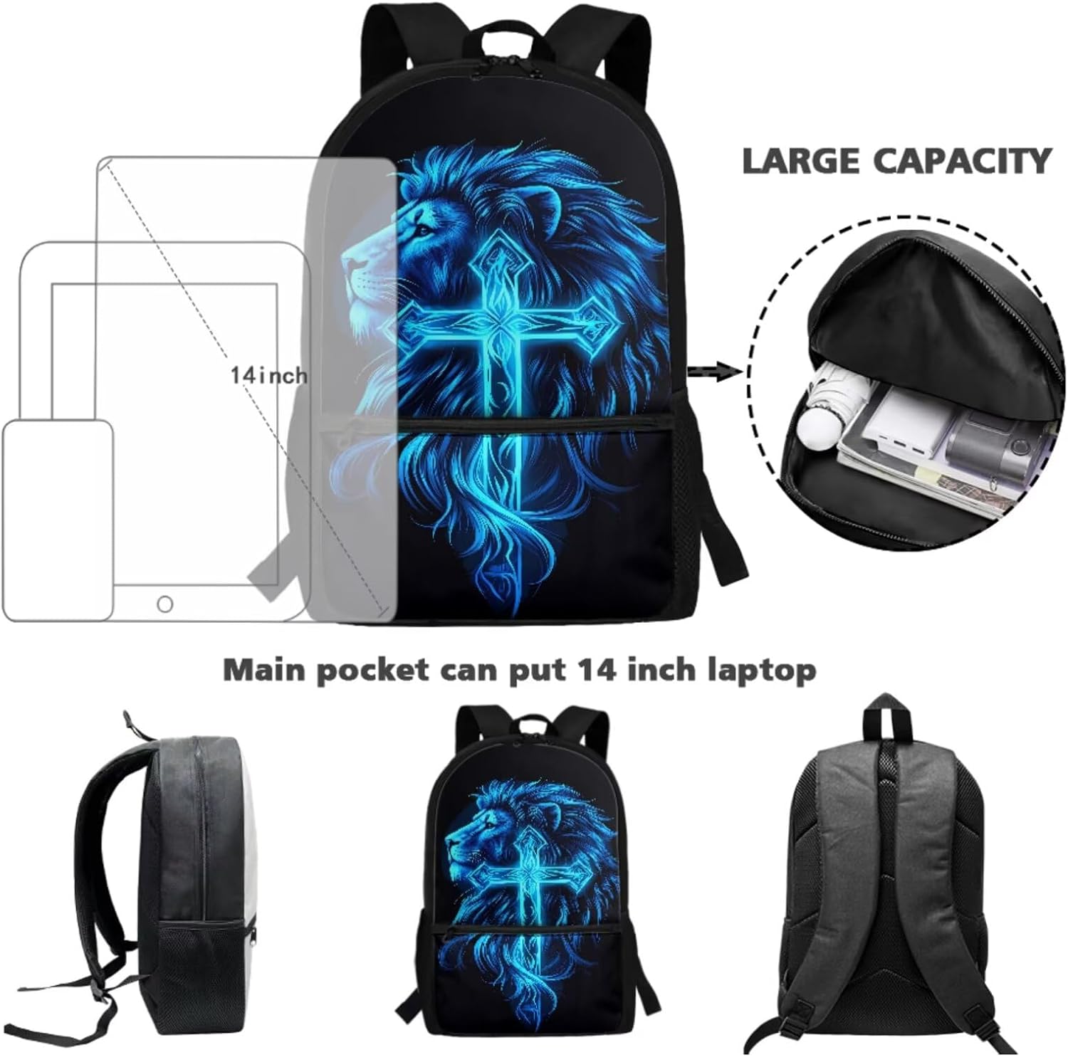 Talayituse Lion Cross Print School Backpack Set for Boys Teens 3 Pieces School Bag with Lunch Bag and Pencil Case Preschool Elementary Bookbag Rucksack Satchel for School Travel Outdoor image 3