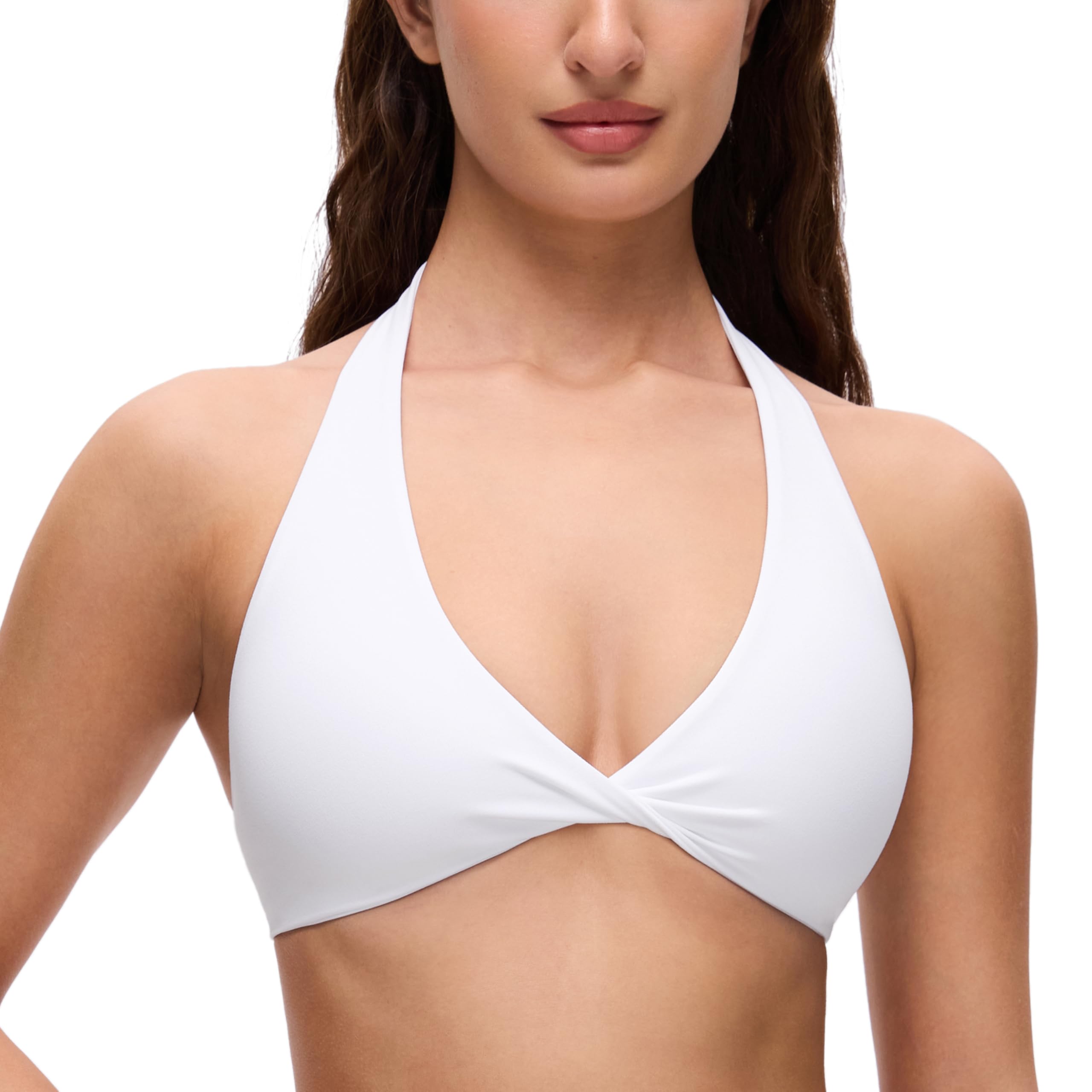 CRZ YOGA Butterluxe Double Lined Twist Sports Bras for Women - Halter Deep V Neck Crop Top Casual Open Back Non Padded