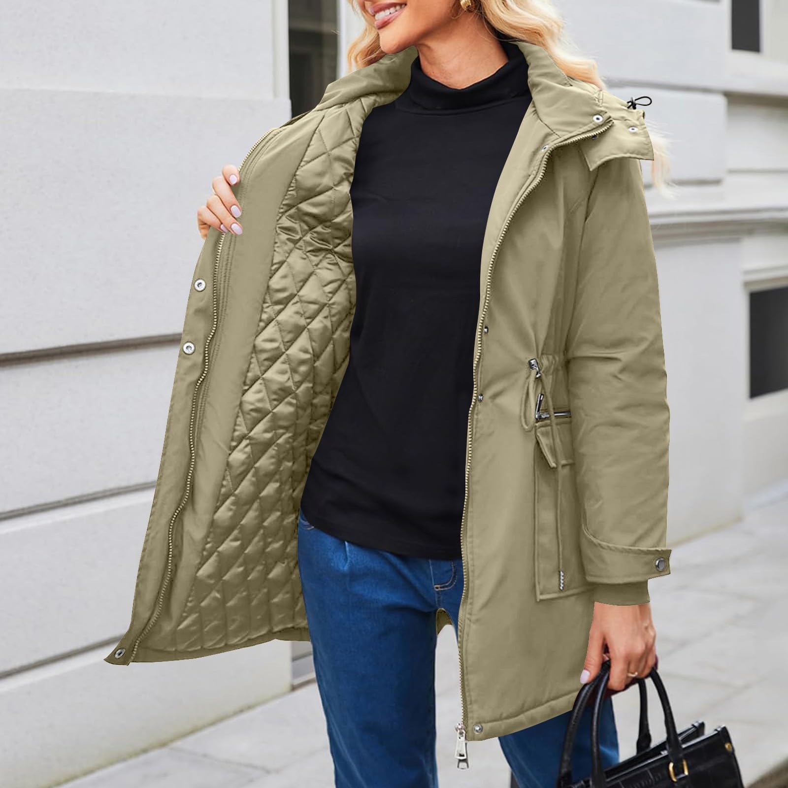 Damen Umstandsmantel, 3-in-1, Schwangere, Pufferjacken, Winter, warm, mit Kapuze, gepolstert, winddicht, Babyeinsatz, Tragemantel, leichte Steppjacken, Oberbekleidung, Thermomantel, Beige