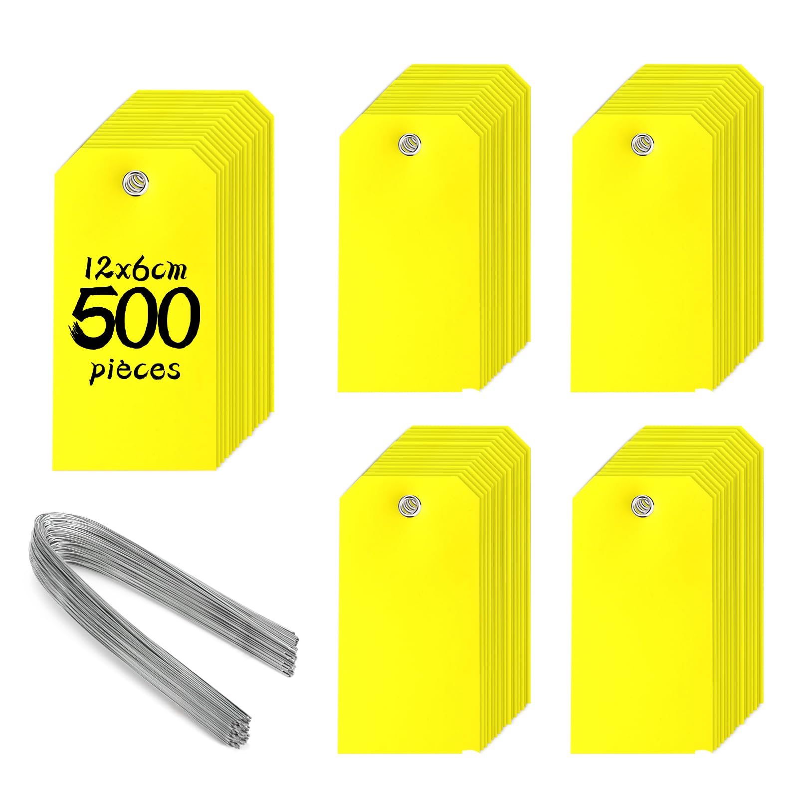 500 Stück, 120 x 60 mm, gelb, Eisendraht, Etiketten mit Gewinde, Preisschilder, Kunststoff, entleert, starr, dick, langlebig, praktisch (500)