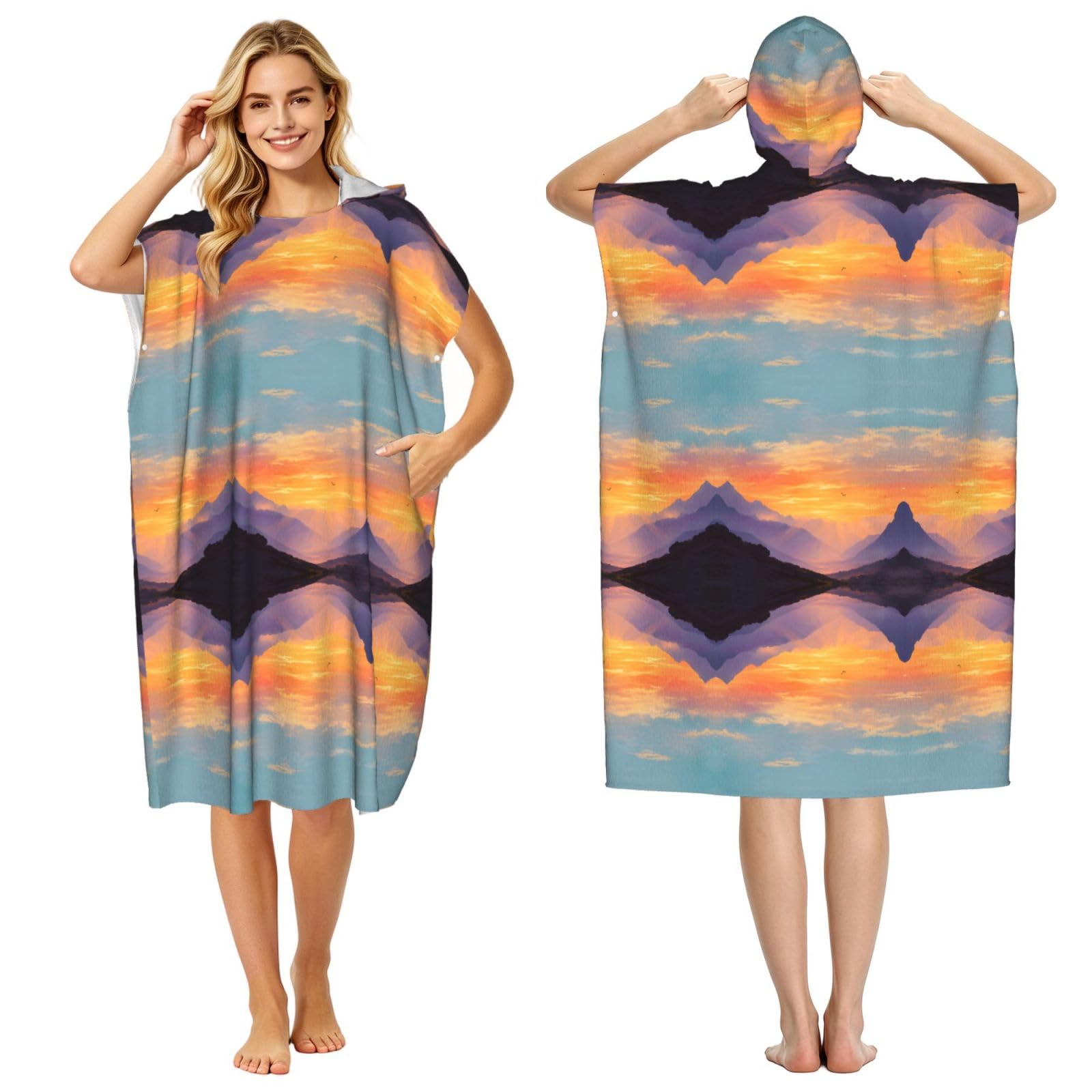 EZDLOWVBA Morning Glow Print Hooded Poncho Microfiber Beach Towel,Adult Women & Men Changing Robe,Lightweight Summer Surf Swim Bath Poncho Towel